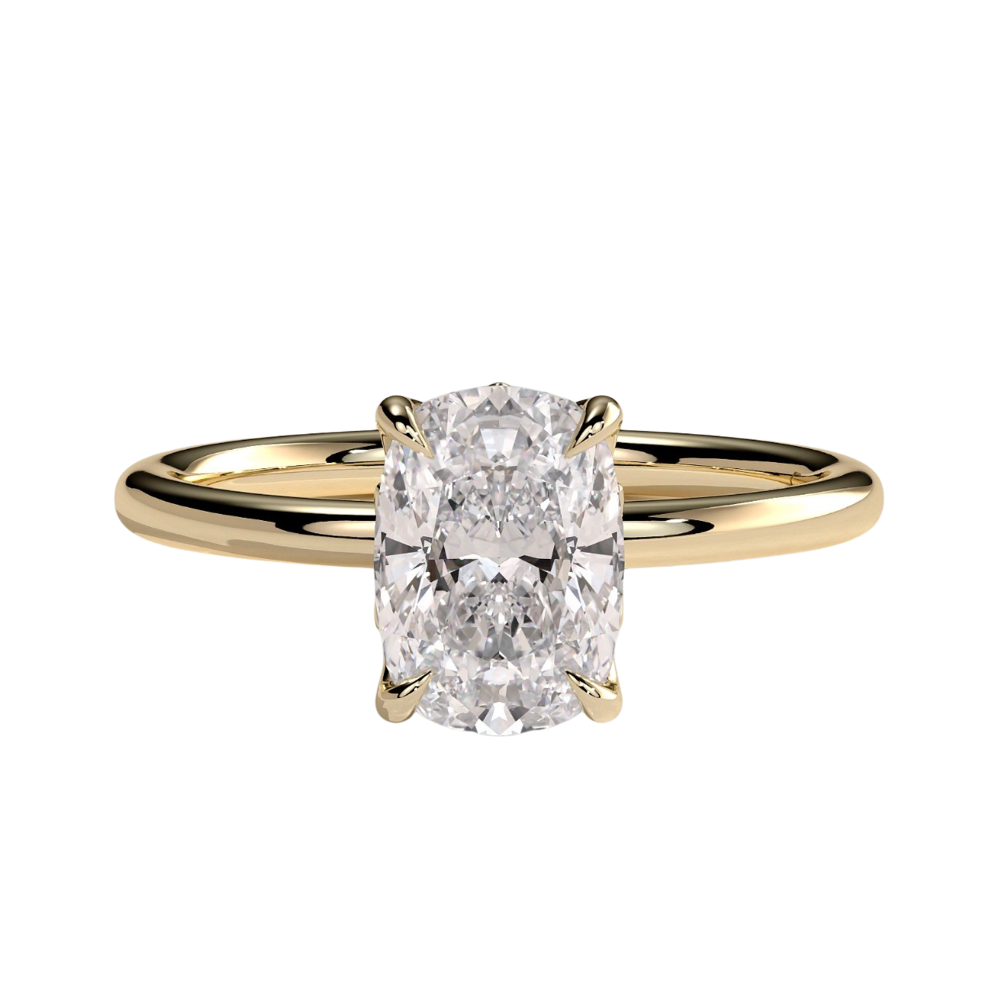 Luxury elongated cushion cut engagement ring featuring a brilliant claw-set solitaire center stone with an elegant petal gallery and delicate leaf accent details. Crafted in white gold with a nature-inspired design, available in lab-grown diamond or moissanite options for timeless elegance and everyday luxury.
