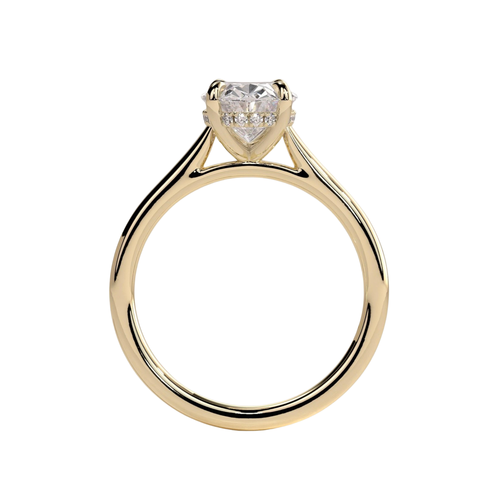 Luxury oval claw solitaire engagement ring featuring a brilliant oval-cut center stone with a hidden halo and elegant cathedral high setting. Timeless elevated design crafted for maximum brilliance and sophistication, available in white gold, yellow gold, rose gold, platinum, lab-grown diamond, or moissanite options.
