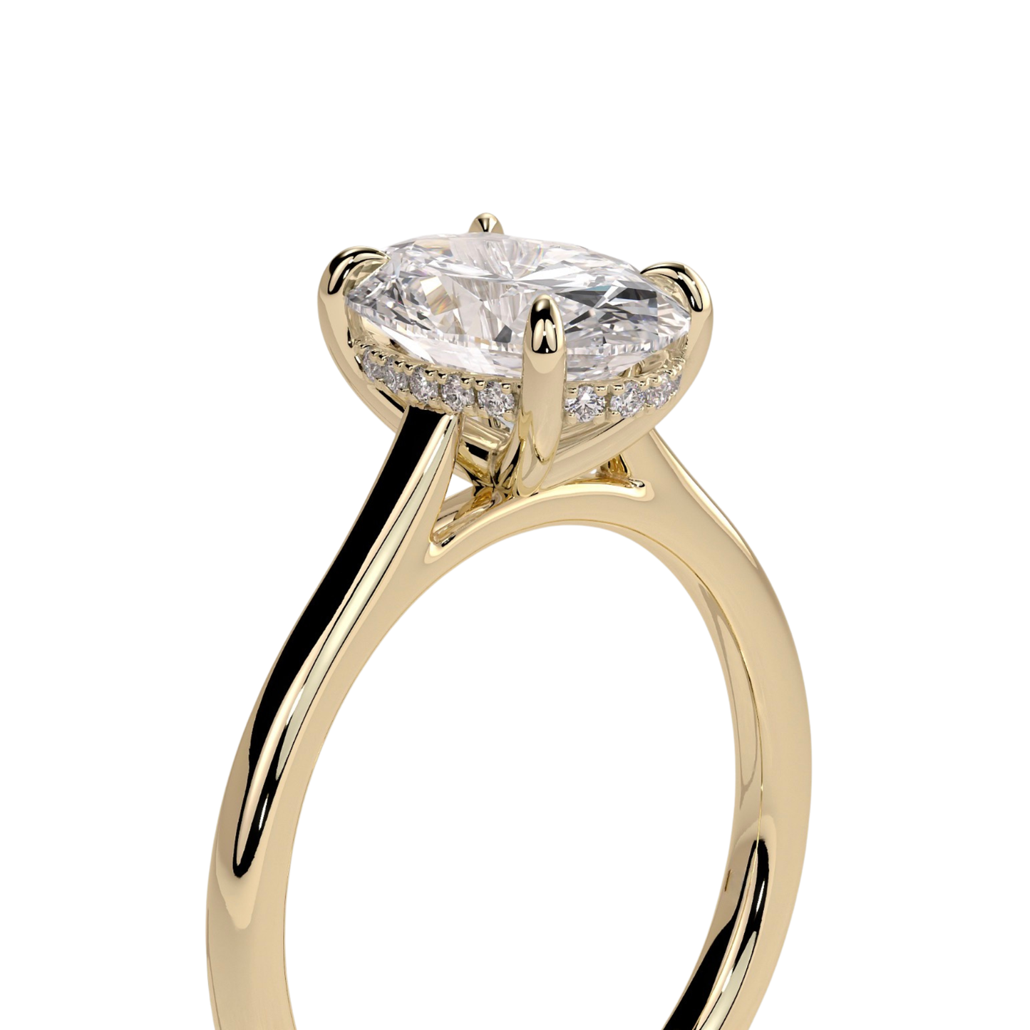 Luxury oval claw solitaire engagement ring featuring a brilliant oval-cut center stone with a hidden halo and elegant cathedral high setting. Timeless elevated design crafted for maximum brilliance and sophistication, available in white gold, yellow gold, rose gold, platinum, lab-grown diamond, or moissanite options.
