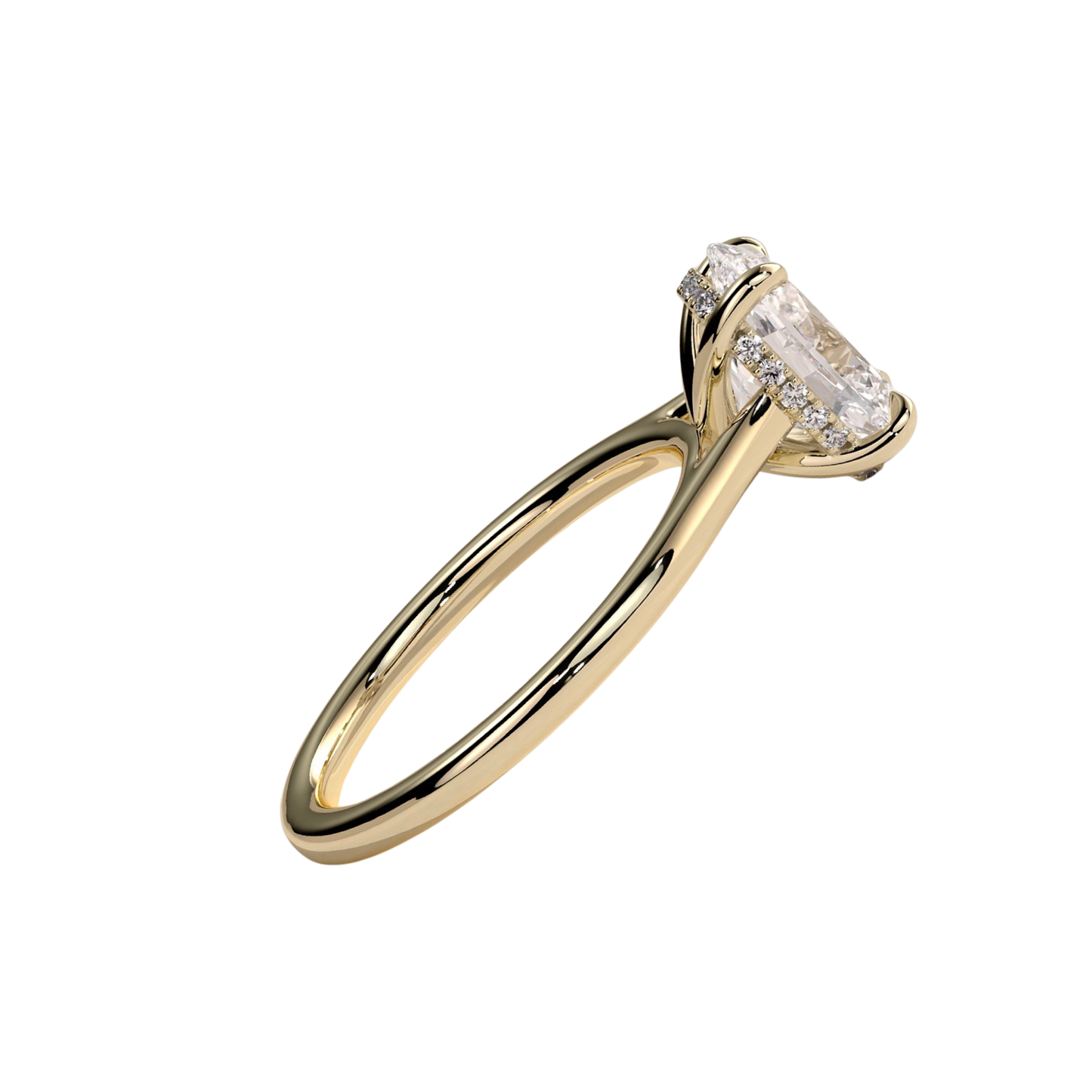 Luxury oval claw solitaire engagement ring featuring a brilliant oval-cut center stone with a hidden halo and elegant cathedral high setting. Timeless elevated design crafted for maximum brilliance and sophistication, available in white gold, yellow gold, rose gold, platinum, lab-grown diamond, or moissanite options.
