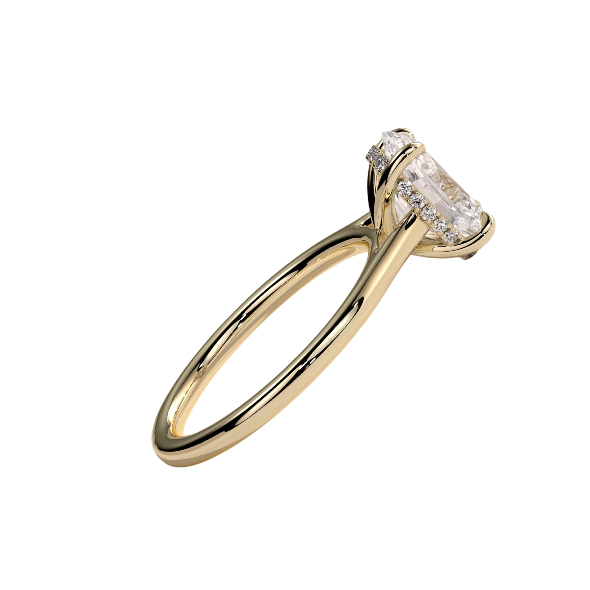 Luxury oval claw solitaire engagement ring featuring a brilliant oval-cut center stone with a hidden halo and elegant cathedral high setting. Timeless elevated design crafted for maximum brilliance and sophistication, available in white gold, yellow gold, rose gold, platinum, lab-grown diamond, or moissanite options.
