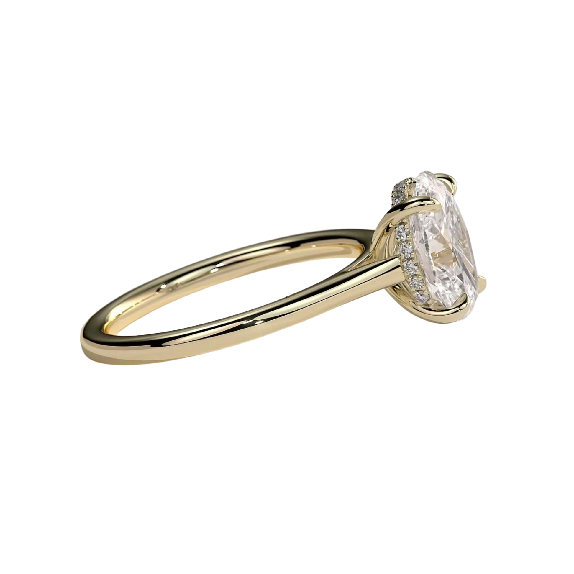 Luxury oval claw solitaire engagement ring featuring a brilliant oval-cut center stone with a hidden halo and elegant cathedral high setting. Timeless elevated design crafted for maximum brilliance and sophistication, available in white gold, yellow gold, rose gold, platinum, lab-grown diamond, or moissanite options.
