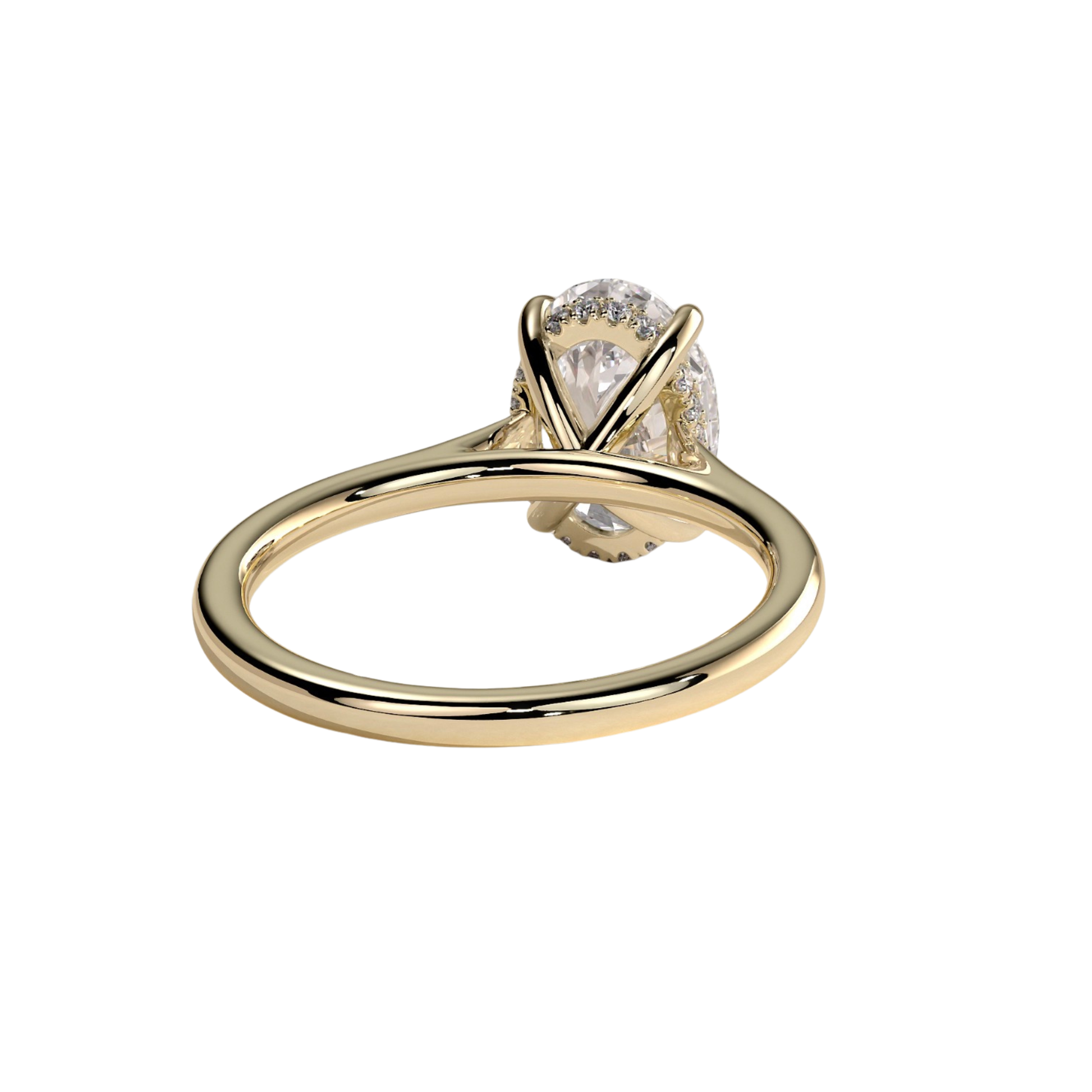 Luxury oval claw solitaire engagement ring featuring a brilliant oval-cut center stone with a hidden halo and elegant cathedral high setting. Timeless elevated design crafted for maximum brilliance and sophistication, available in white gold, yellow gold, rose gold, platinum, lab-grown diamond, or moissanite options.
