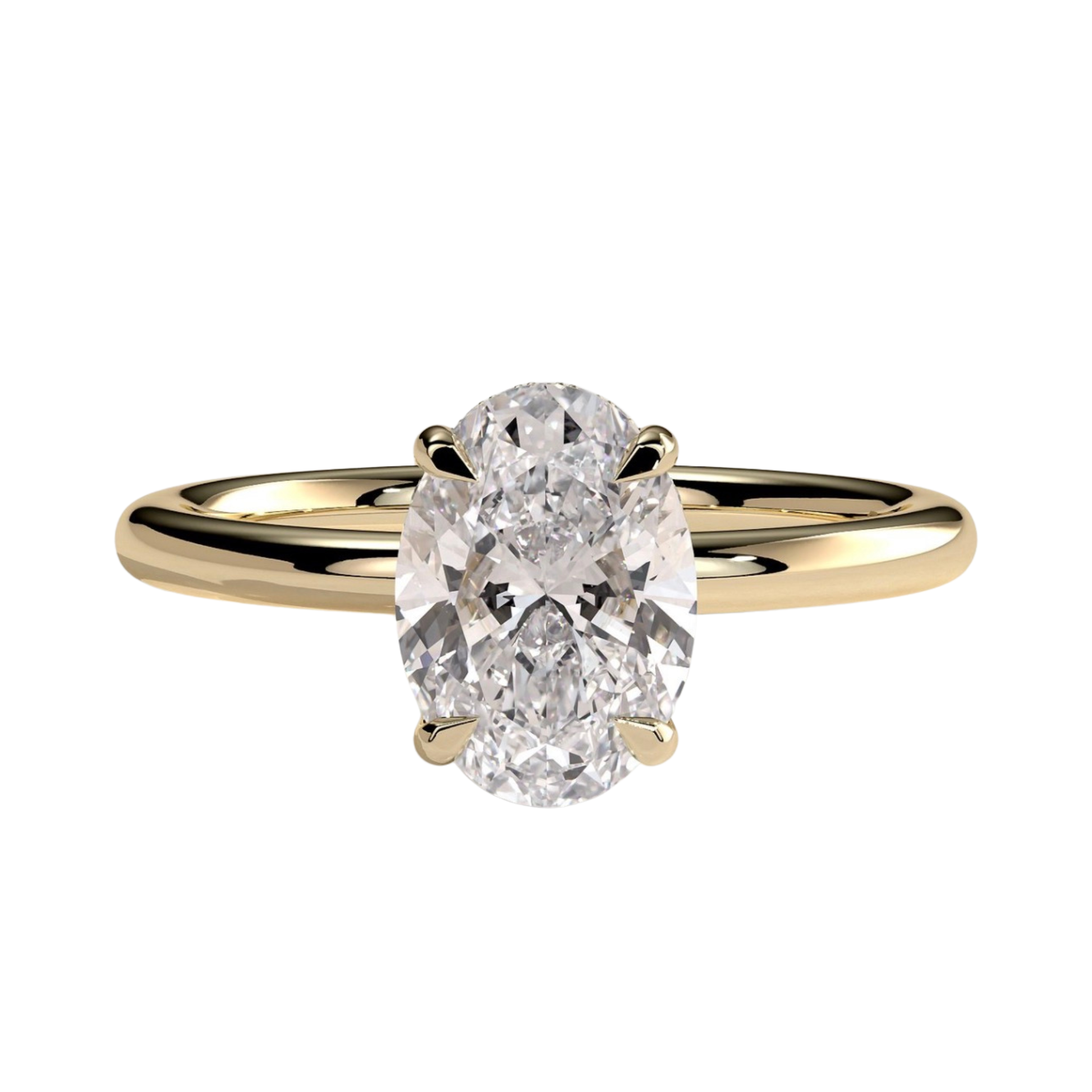 Luxury oval claw solitaire engagement ring featuring a brilliant oval-cut center stone with a sparkling hidden halo and elegant cathedral high setting. Crafted with timeless detail and elevated design, available in white gold, yellow gold, rose gold, platinum, lab-grown diamond, or moissanite options.