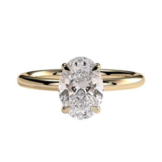 Luxury oval claw solitaire engagement ring featuring a brilliant oval-cut center stone with a sparkling hidden halo and elegant cathedral high setting. Crafted with timeless detail and elevated design, available in white gold, yellow gold, rose gold, platinum, lab-grown diamond, or moissanite options.