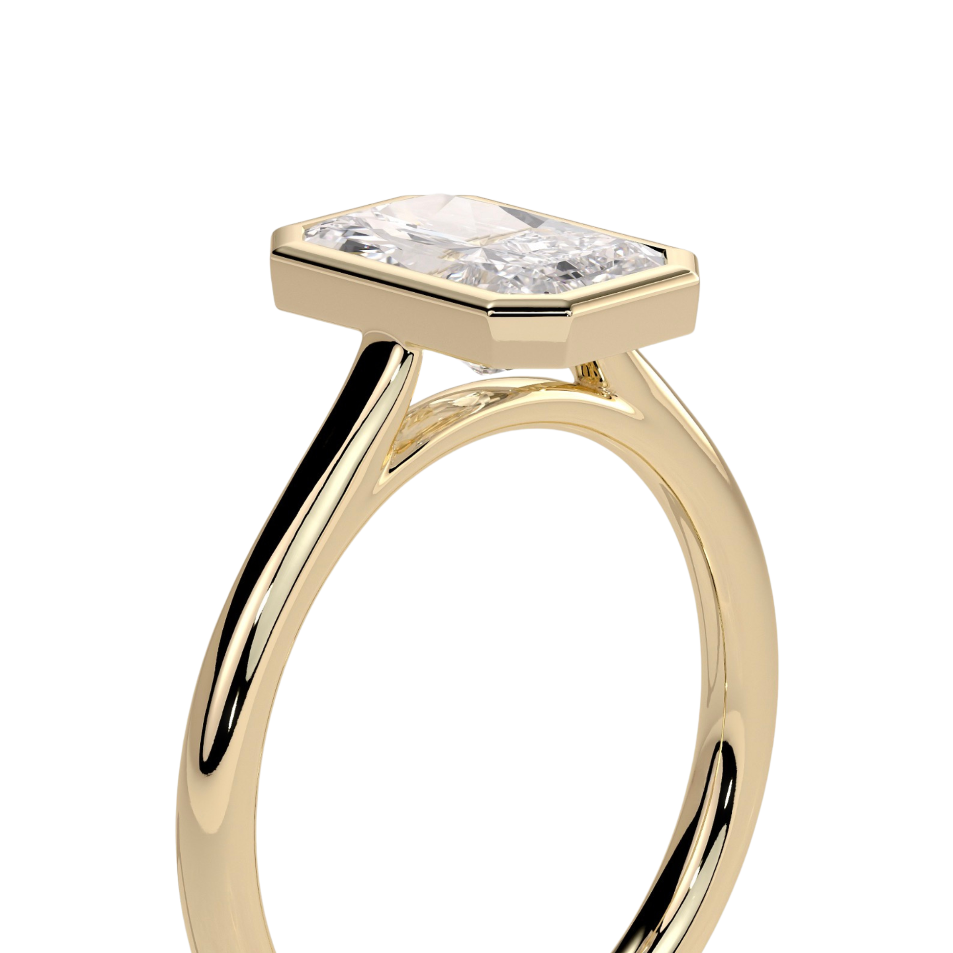 Luxury custom radiant bezel solitaire engagement ring featuring a brilliant radiant-cut center stone in a sleek bezel setting with an elegant open cathedral high profile. Modern timeless architectural design crafted for maximum brilliance, sophistication, and durability, available in custom carat weights and white gold, yellow gold, rose gold, platinum, lab-grown diamond, or moissanite options.