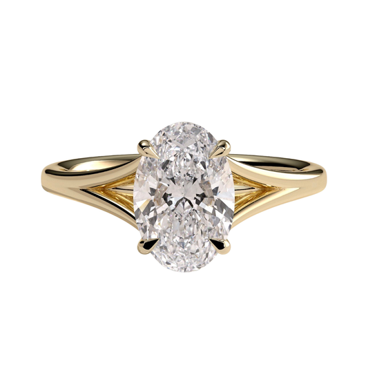 Luxury custom oval claw solitaire engagement ring featuring a brilliant oval-cut center stone secured in refined claws on an elegant open split shank band with a high cathedral profile setting. Sophisticated architectural design crafted for maximum brilliance, structural durability, and timeless luxury, available in custom carat weights and white gold, yellow gold, rose gold, platinum, lab-grown diamond, or moissanite options.
