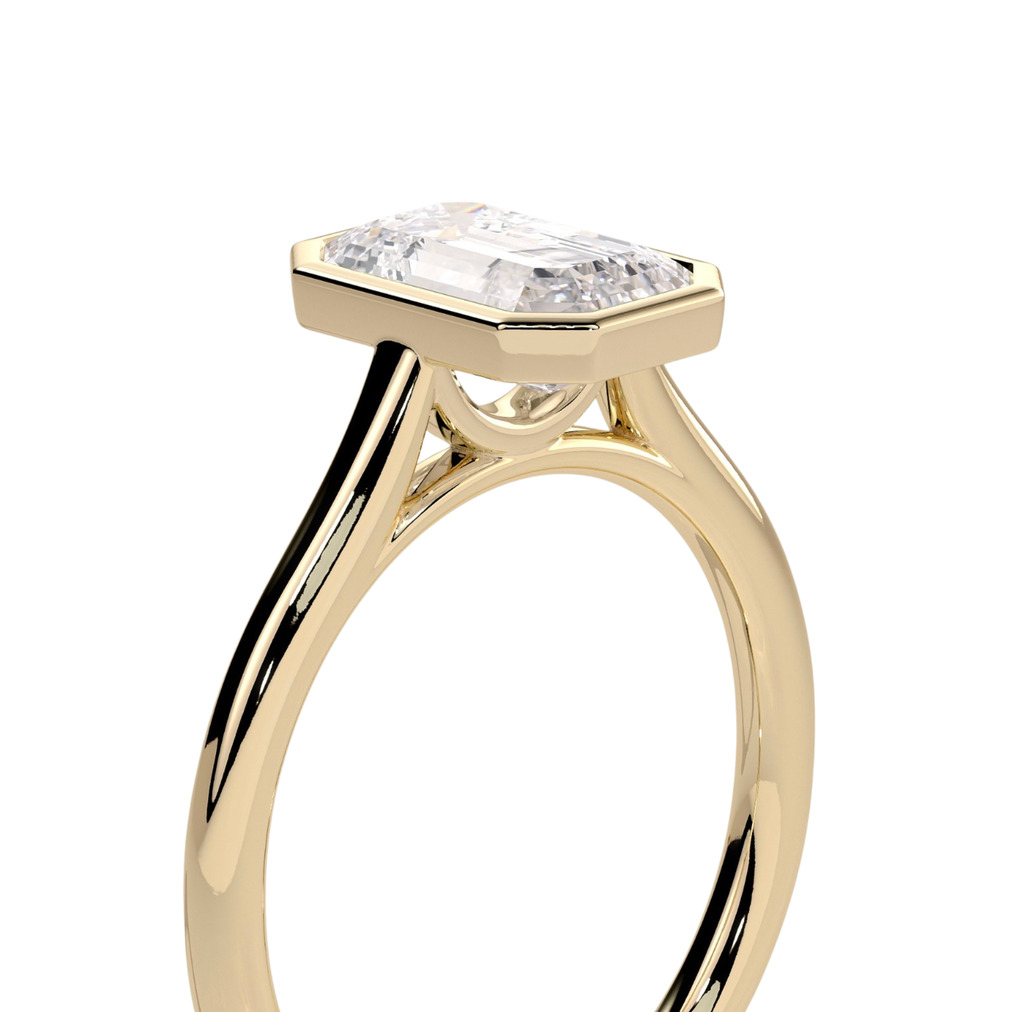 Luxury emerald bezel solitaire engagement ring featuring a brilliant emerald-cut center stone in a sleek bezel setting with an elegant cathedral high profile. Modern timeless design crafted for sophistication, durability, and everyday elegance, available in white gold, yellow gold, rose gold, platinum, lab-grown diamond, or moissanite options.