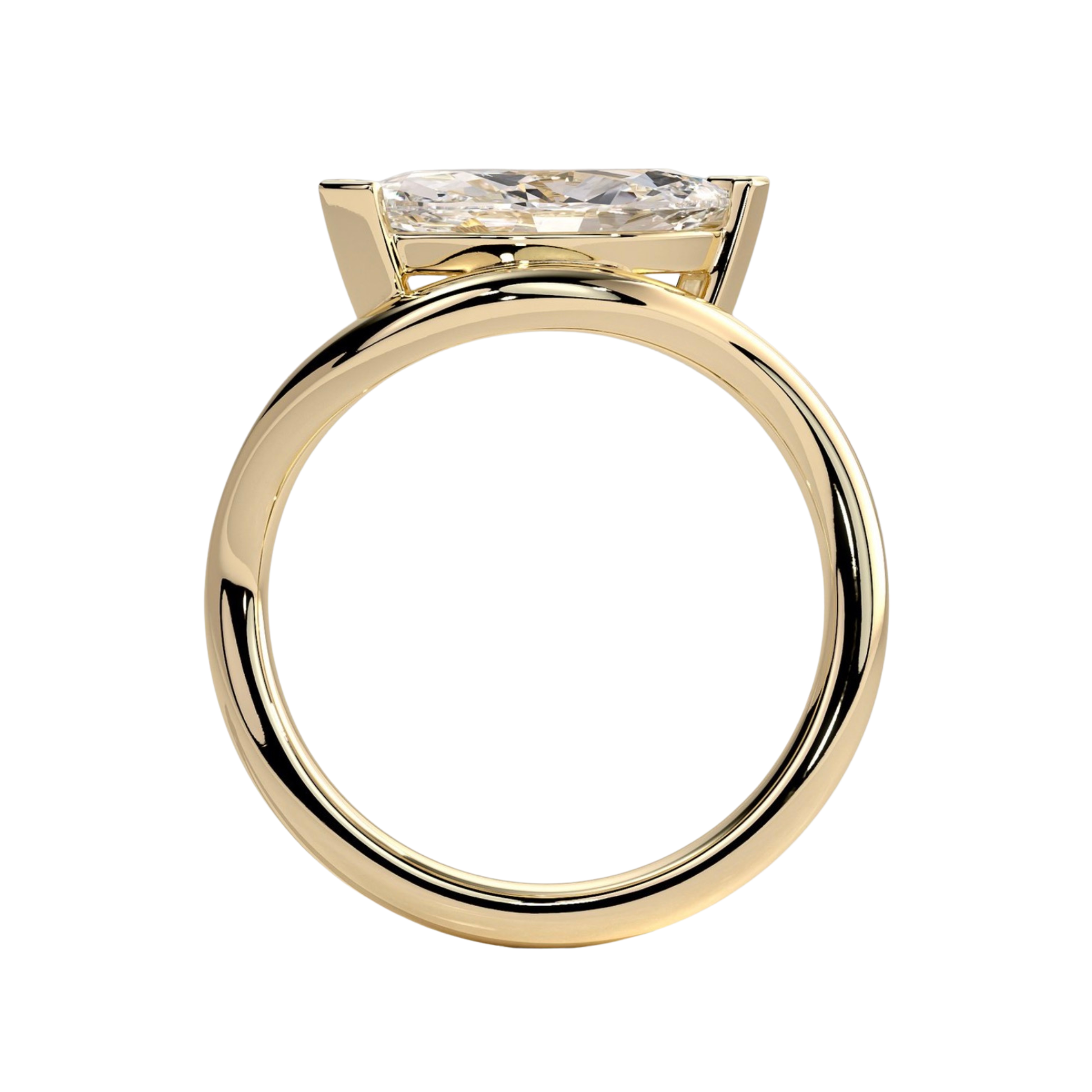 Luxury marquise east west claw solitaire engagement ring featuring a brilliant horizontally set marquise-cut center stone secured in a refined claw setting with an elegant wave band design. Contemporary sculpted silhouette crafted for timeless sophistication and everyday brilliance, available in white gold, yellow gold, rose gold, platinum, lab-grown diamond, or moissanite options.