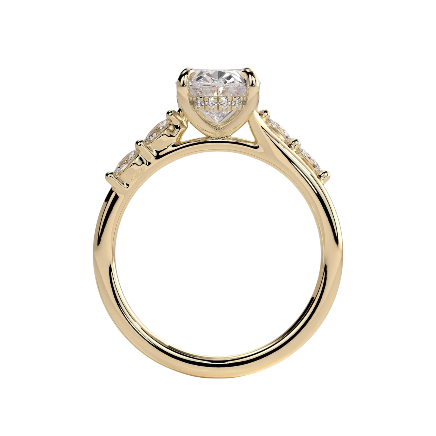 Luxury custom oval claw solitaire engagement ring featuring a brilliant oval-cut center stone with a sparkling hidden halo, flanked by elegant opposing marquise-cut side accents on an elevated high cathedral setting. Sophisticated timeless design crafted for maximum brilliance, structural durability, and elegance, available in custom carat weights and white gold, yellow gold, rose gold, platinum, lab-grown diamond, or moissanite options.