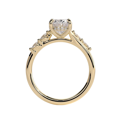 Luxury custom oval claw solitaire engagement ring featuring a brilliant oval-cut center stone with a sparkling hidden halo, flanked by elegant opposing marquise-cut side accents on an elevated high cathedral setting. Sophisticated timeless design crafted for maximum brilliance, structural durability, and elegance, available in custom carat weights and white gold, yellow gold, rose gold, platinum, lab-grown diamond, or moissanite options.
