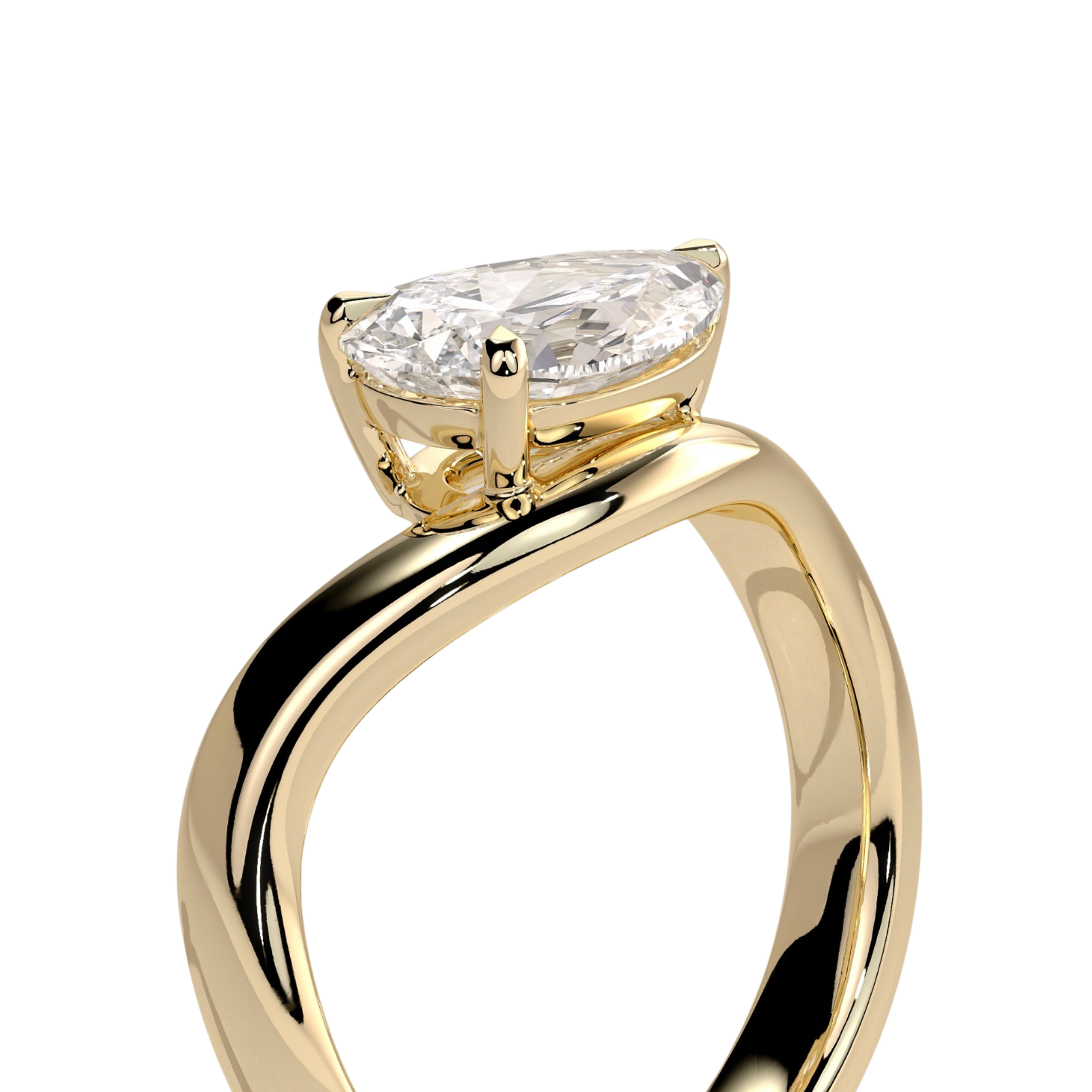 Luxury custom pear east-west claw solitaire engagement ring featuring a brilliant horizontally set pear-cut center stone secured in refined claws on a fluid, modern wave band. Contemporary timeless design crafted for exceptional brilliance, unique sophistication, and durability, available in custom carat weights and white gold, yellow gold, rose gold, platinum, lab-grown diamond, or moissanite options.