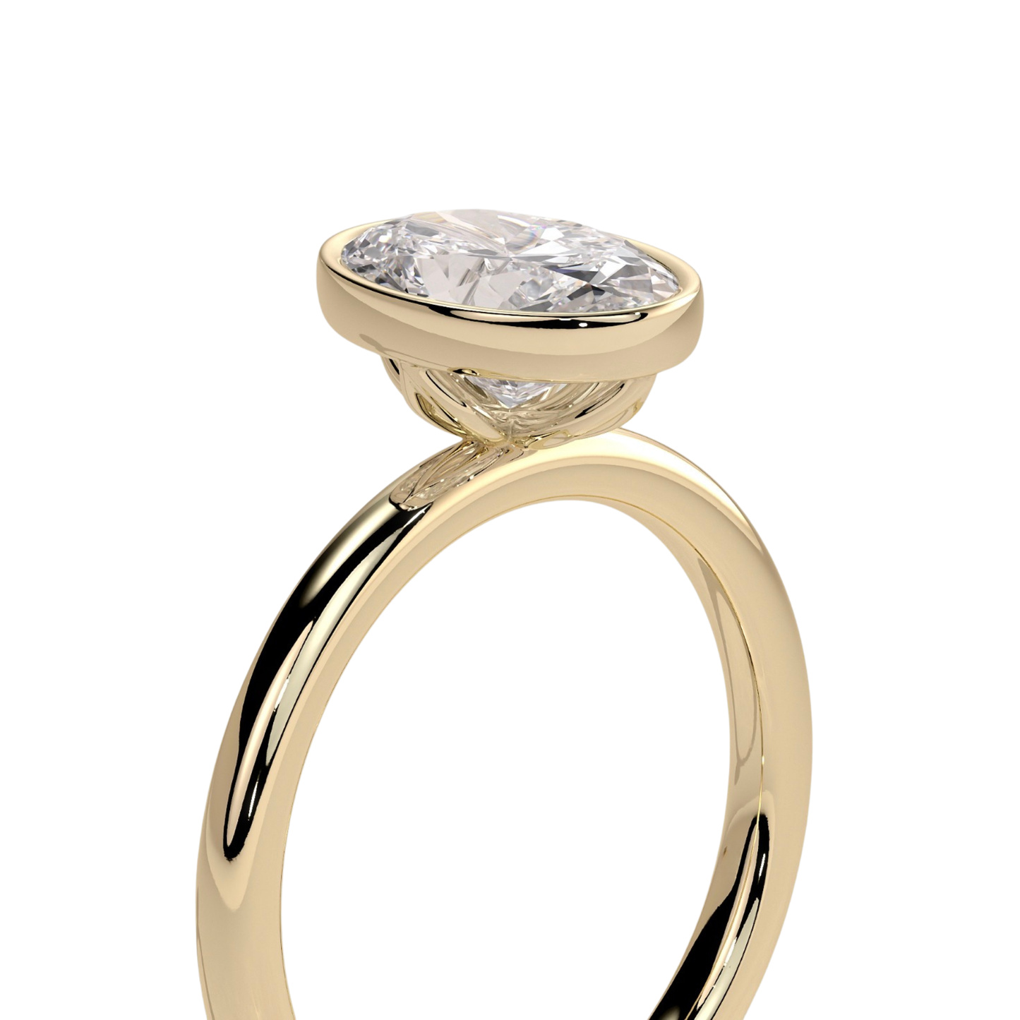 Luxury oval bezel solitaire engagement ring featuring a brilliant oval-cut center stone in a sleek bezel setting, complemented by an elegant petal gallery beneath the stone. Nature-inspired design with timeless sophistication and lasting durability, available in white gold, yellow gold, rose gold, platinum, lab-grown diamond, or moissanite options.