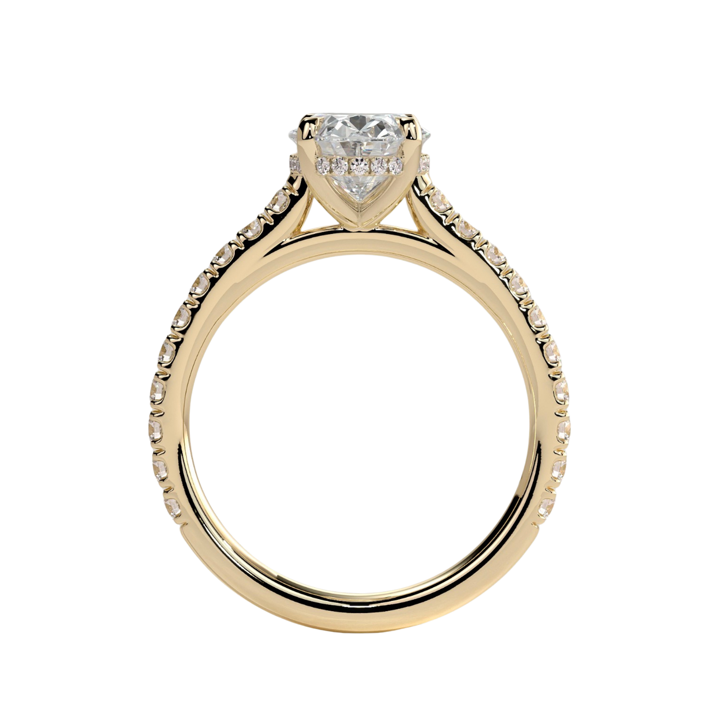 Luxury oval claw solitaire engagement ring featuring a brilliant oval-cut center stone with a sparkling hidden halo, pavé diamond band, and elegant cathedral high setting. Timeless elevated design crafted for exceptional brilliance and sophistication, available in white gold, yellow gold, rose gold, platinum, lab-grown diamond, or moissanite options.