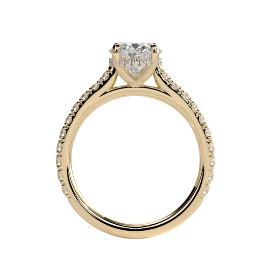 Luxury oval claw solitaire engagement ring featuring a brilliant oval-cut center stone with a sparkling hidden halo, pavé diamond band, and elegant cathedral high setting. Timeless elevated design crafted for exceptional brilliance and sophistication, available in white gold, yellow gold, rose gold, platinum, lab-grown diamond, or moissanite options.