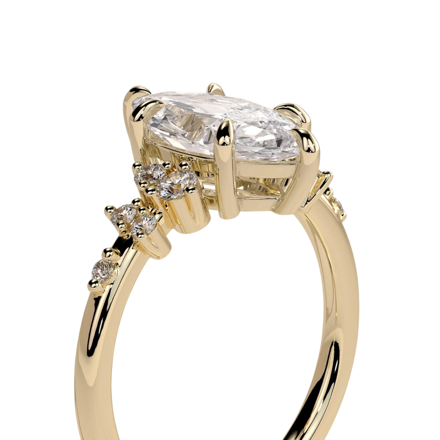 Luxury custom marquise claw solitaire engagement ring featuring a brilliant marquise-cut center stone secured in refined claws, accented by sparkling clustered round-cut diamonds on the shoulders of the band. Elegant timeless asymmetrical design crafted for exceptional brilliance, unique sophistication, and durability, available in custom carat weights and white gold, yellow gold, rose gold, platinum, lab-grown diamond, or moissanite options.
