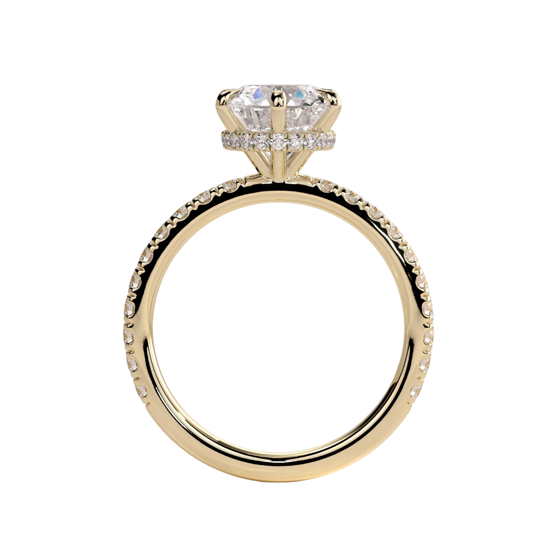 Luxury round claw solitaire engagement ring featuring a brilliant round-cut center stone secured in a refined claw setting with a sparkling wrap around hidden halo and pavé diamond band. Elegant timeless design crafted for exceptional brilliance and sophistication, available in white gold, yellow gold, rose gold, platinum, lab-grown diamond, or moissanite options.