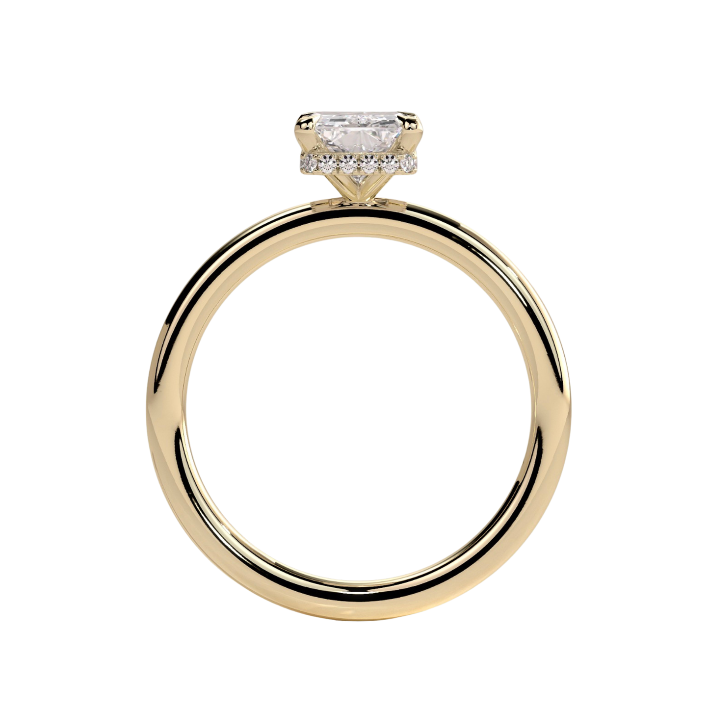 Luxury radiant claw solitaire engagement ring featuring a brilliant radiant-cut center stone secured in a refined claw setting with a sparkling wrap around hidden halo beneath the center stone. Elegant modern design crafted for maximum brilliance and sophistication, available in white gold, yellow gold, rose gold, platinum, lab-grown diamond, or moissanite options.