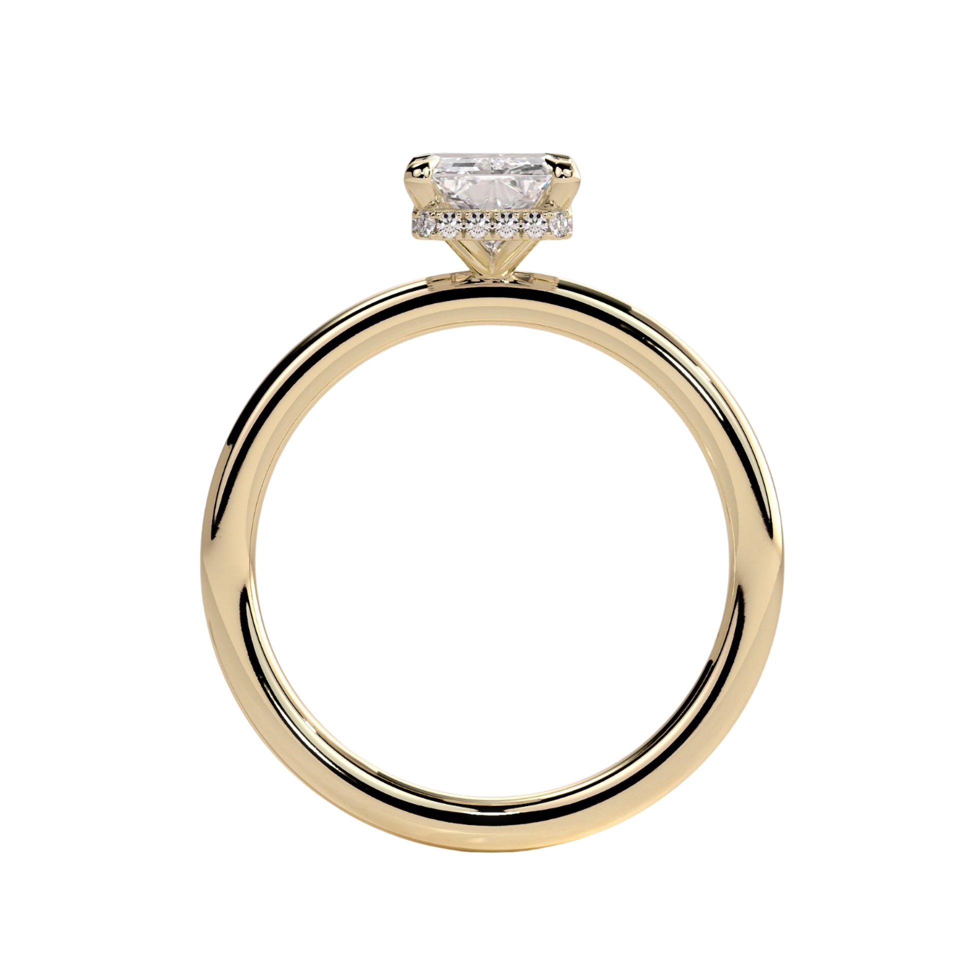 Luxury radiant claw solitaire engagement ring featuring a brilliant radiant-cut center stone secured in a refined claw setting with a sparkling wrap around hidden halo beneath the center stone. Elegant modern design crafted for maximum brilliance and sophistication, available in white gold, yellow gold, rose gold, platinum, lab-grown diamond, or moissanite options.