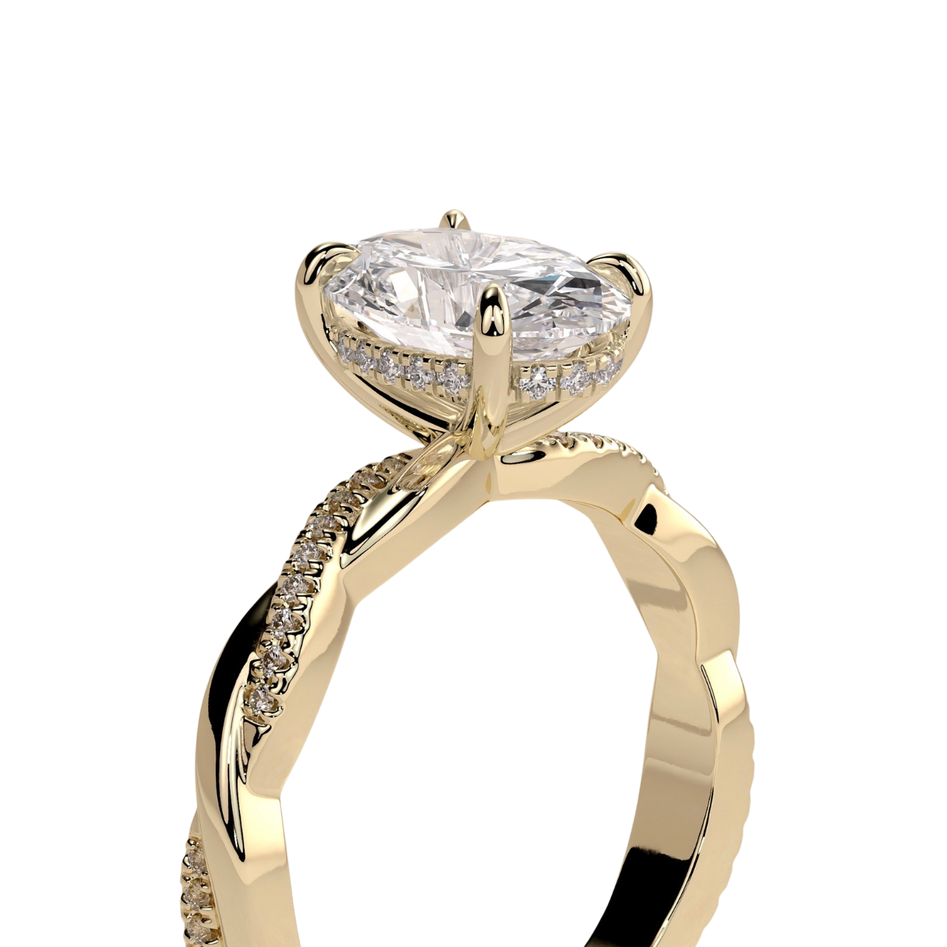 Luxury oval claw solitaire engagement ring featuring a brilliant oval-cut center stone with a sparkling hidden halo and twisted alternating pavé diamond band. Elegant modern design crafted for exceptional brilliance and timeless sophistication, available in white gold, yellow gold, rose gold, platinum, lab-grown diamond, or moissanite options.
