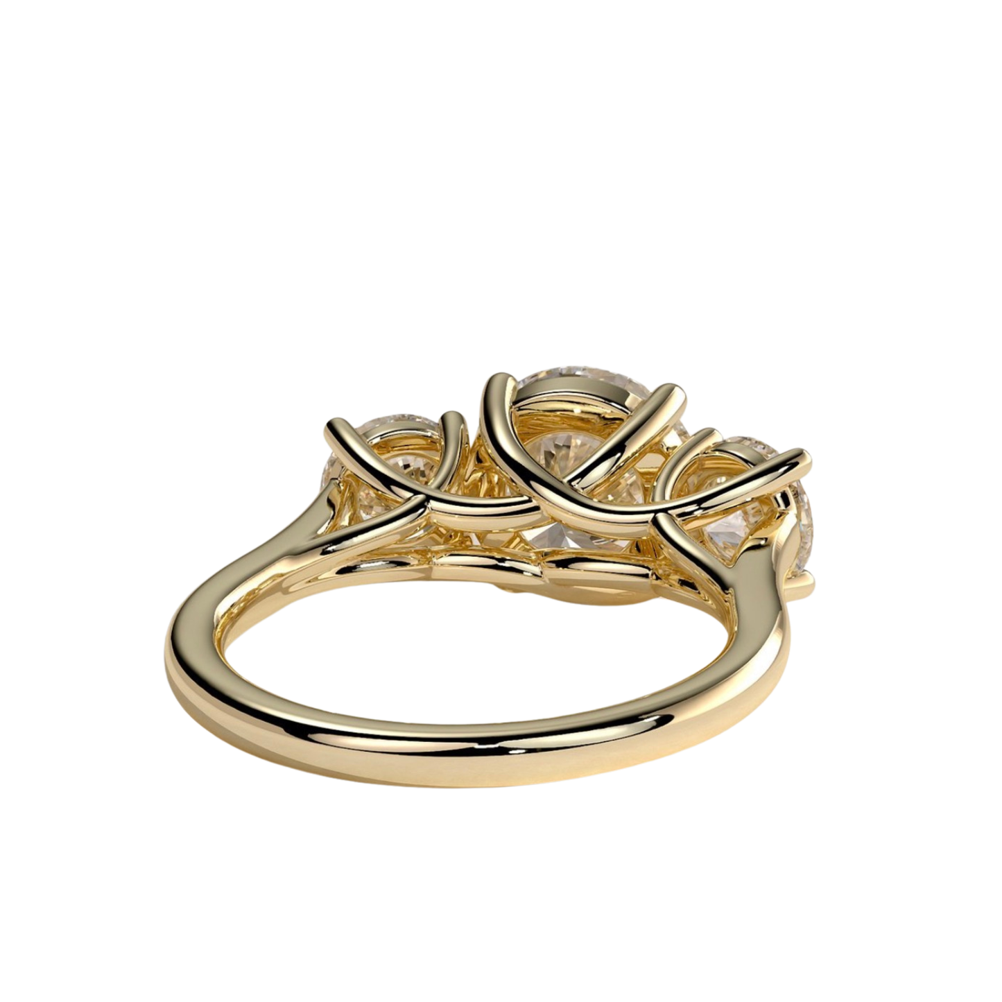 Luxury custom round claw trilogy engagement ring featuring a brilliant round-cut center stone flanked by matching round-shaped side stones and an elegant woven trellis gallery setting. Classic timeless three-stone design crafted for exceptional brilliance, structural sophistication, and durability, available in custom carat weights and white gold, yellow gold, rose gold, platinum, lab-grown diamond, or moissanite options.