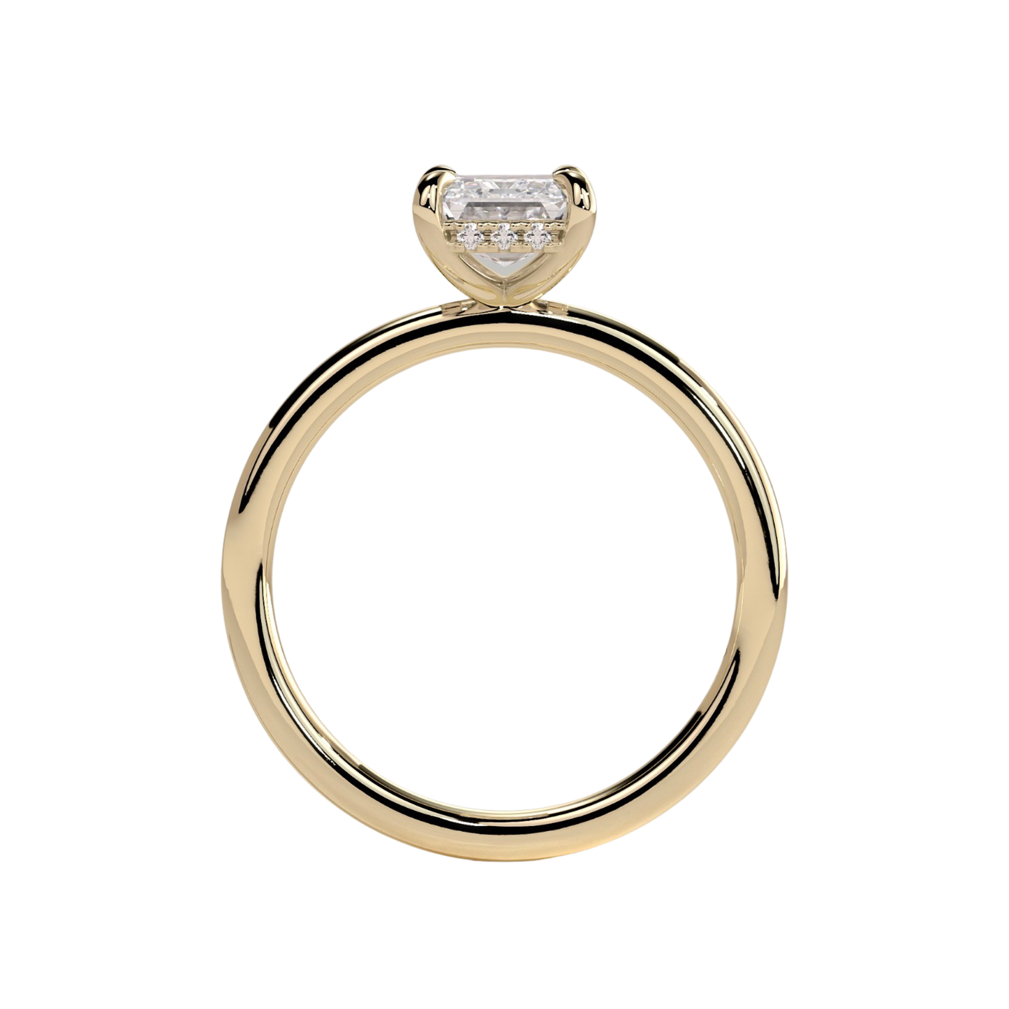 Luxury emerald claw solitaire engagement ring featuring a brilliant emerald-cut center stone secured in a refined claw setting with a sparkling hidden halo beneath the center stone. Elegant timeless design crafted for exceptional brilliance and sophistication, available in white gold, yellow gold, rose gold, platinum, lab-grown diamond, or moissanite options.