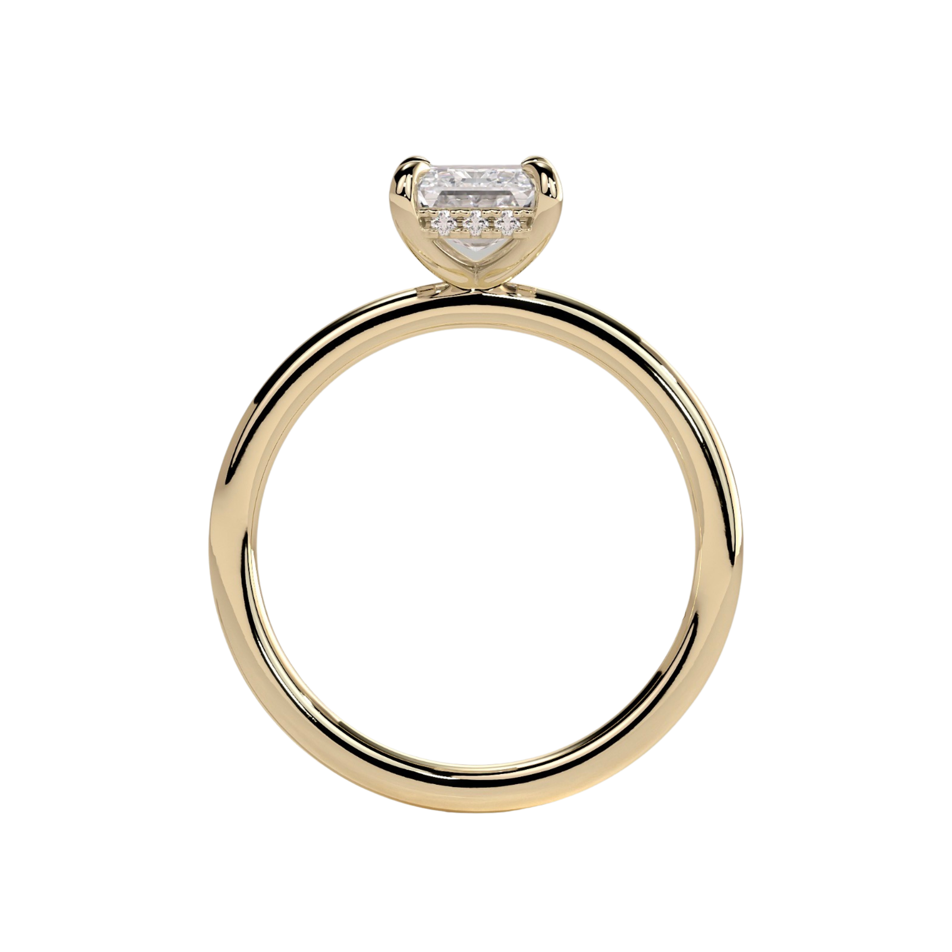 Luxury emerald claw solitaire engagement ring featuring a brilliant emerald-cut center stone secured in a refined claw setting with a sparkling hidden halo beneath the center stone. Elegant timeless design crafted for exceptional brilliance and sophistication, available in white gold, yellow gold, rose gold, platinum, lab-grown diamond, or moissanite options.
