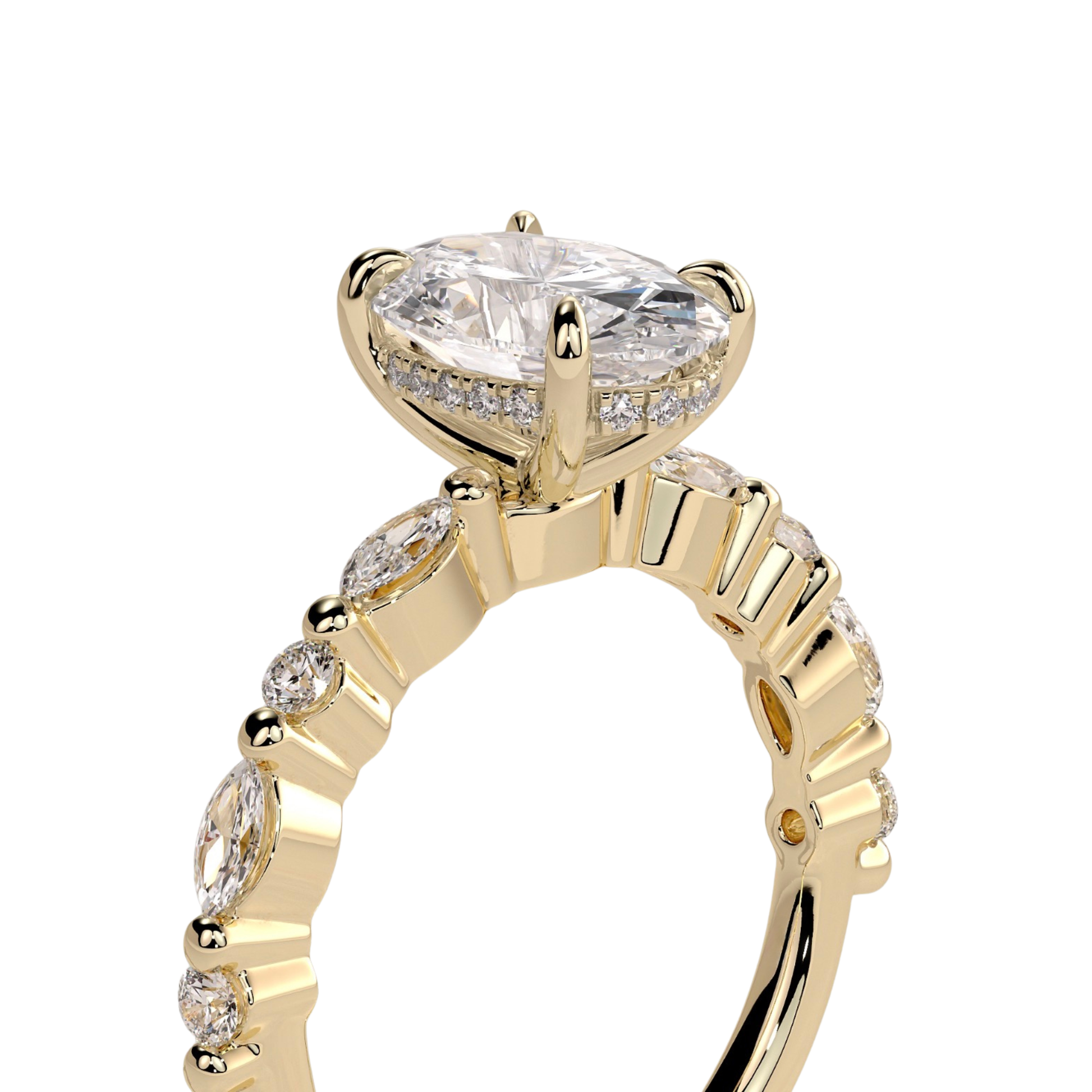 Luxury oval claw solitaire engagement ring featuring a brilliant oval-cut center stone accented with marquise and round side diamonds, finished with a sparkling hidden halo beneath the center stone. Elegant timeless design crafted for exceptional brilliance and sophistication, available in white gold, yellow gold, rose gold, platinum, lab-grown diamond, or moissanite options.