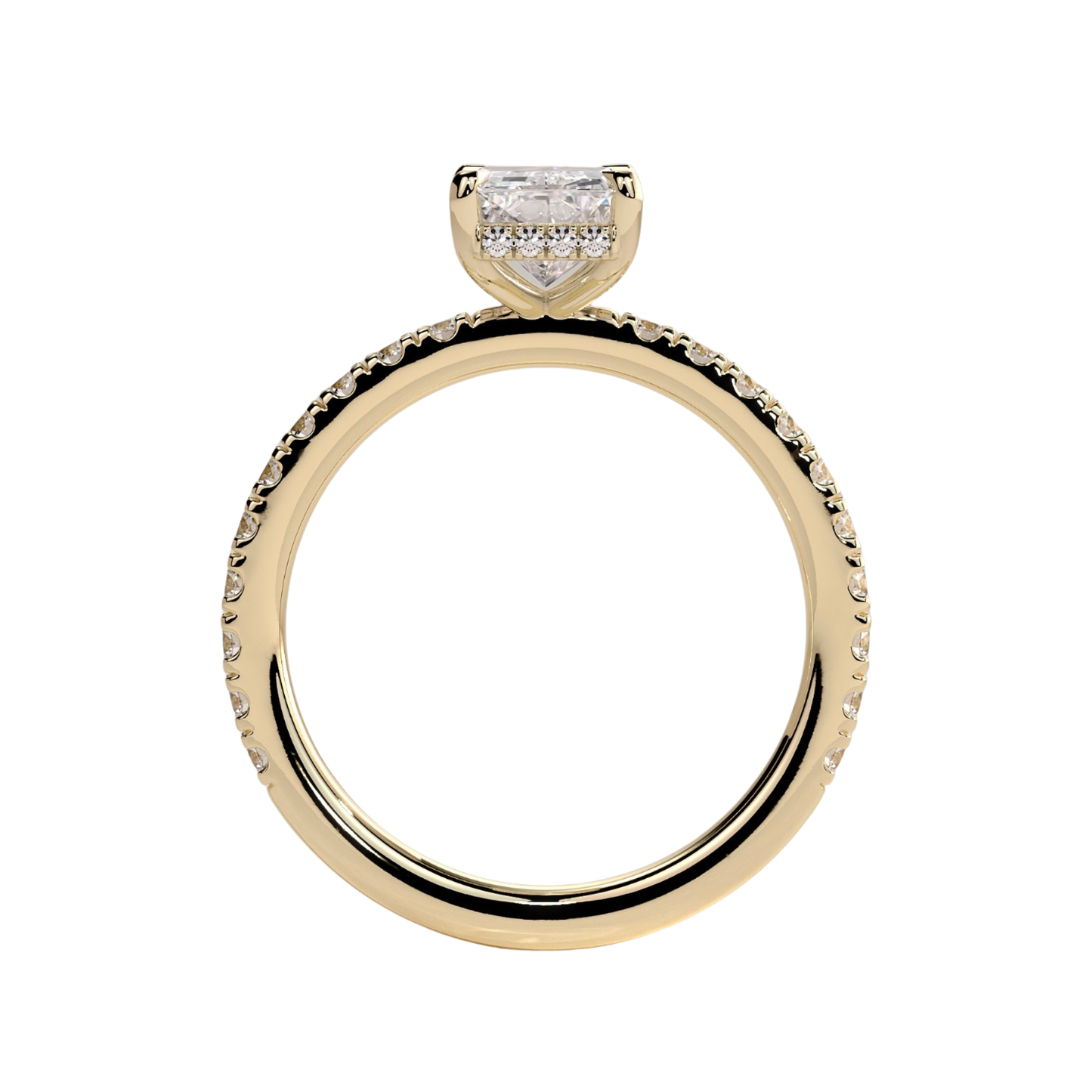 Luxury radiant claw solitaire engagement ring featuring a brilliant radiant-cut center stone secured in a refined claw setting with a sparkling hidden halo and pavé diamond band. Elegant timeless design crafted for exceptional brilliance, sophistication, and lasting beauty, available in white gold, yellow gold, rose gold, platinum, lab-grown diamond, or moissanite options.