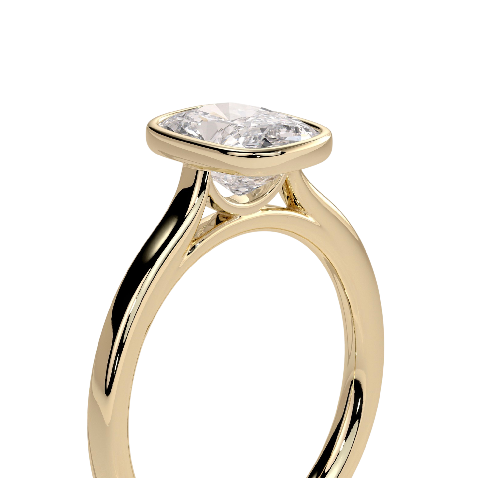 Luxury elongated cushion bezel solitaire engagement ring featuring a brilliant elongated cushion-cut center stone in a sleek bezel setting with an elegant cathedral high profile. Modern timeless design crafted for sophistication and durability, available in white gold, yellow gold, rose gold, platinum, lab-grown diamond, or moissanite options.