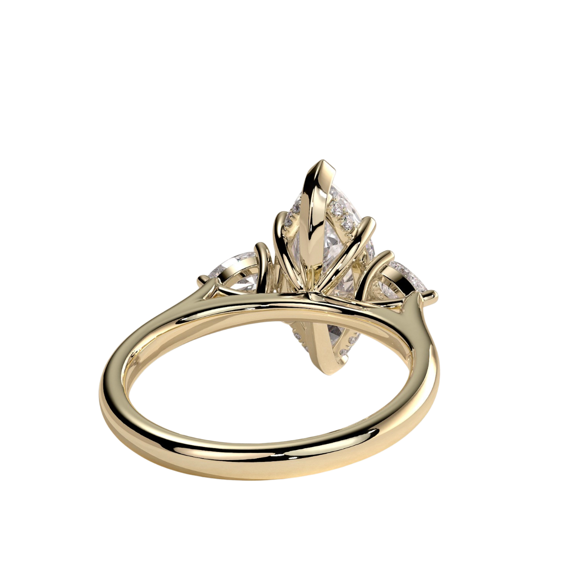 Luxury marquise claw trilogy engagement ring featuring a brilliant marquise-cut center stone flanked by elegant pear-shaped side stones and a sparkling hidden halo. Crafted in a timeless elevated design for maximum brilliance and sophistication, available in white gold, yellow gold, rose gold, platinum, lab-grown diamond, or moissanite options.