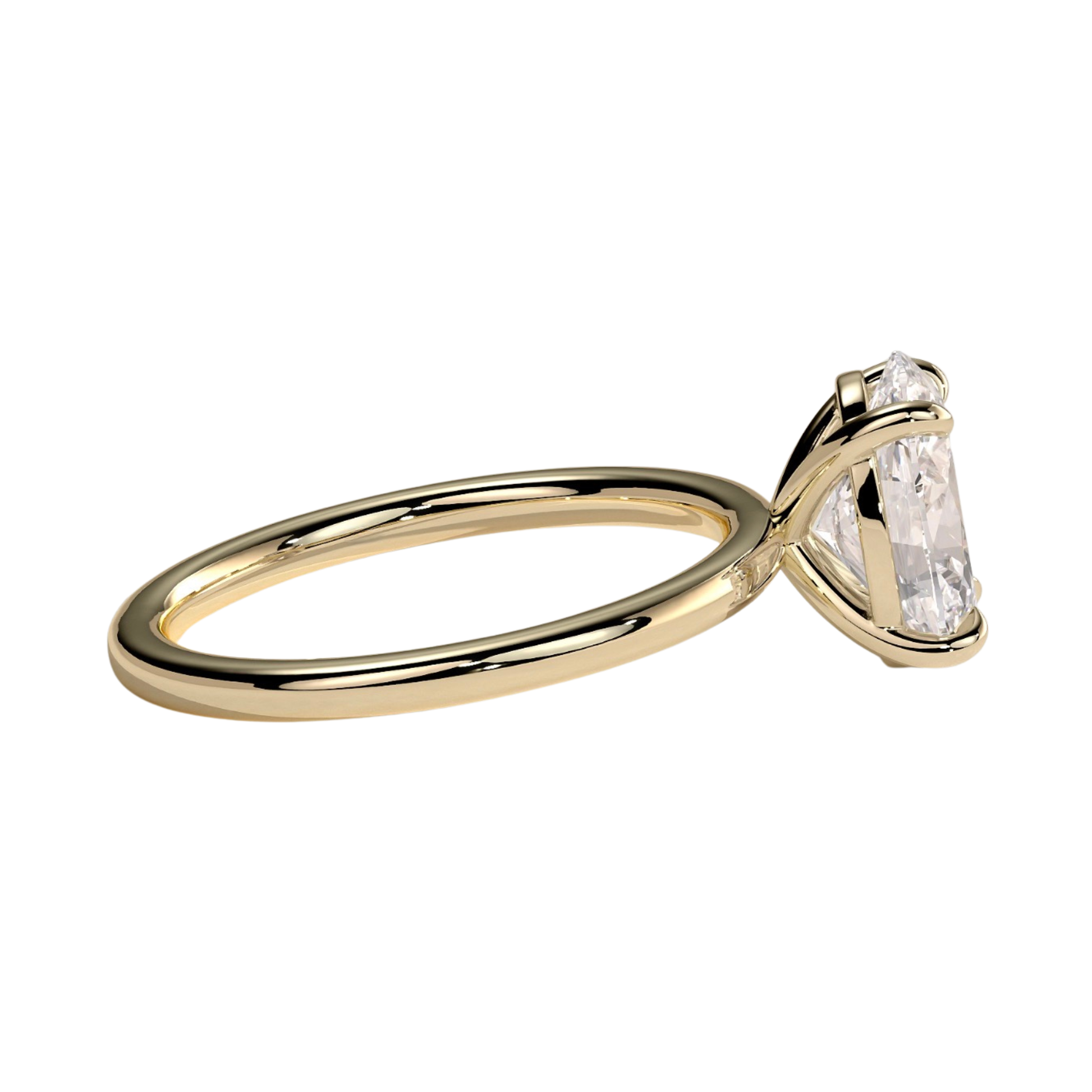 Luxury elongated cushion cut engagement ring featuring a brilliant claw-set solitaire center stone with an elegant petal gallery and delicate leaf accent details. Crafted in white gold with a nature-inspired design, available in lab-grown diamond or moissanite options for timeless elegance and everyday luxury.
