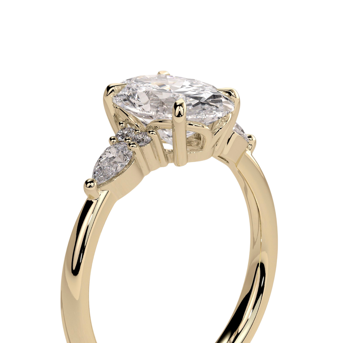 Luxury oval claw solitaire engagement ring featuring a brilliant oval-cut center stone with elegant pear-shaped accent diamonds and sparkling round shoulder stones. Crafted with timeless detail and refined brilliance, available in white gold, yellow gold, rose gold, platinum, lab-grown diamond, or moissanite options.