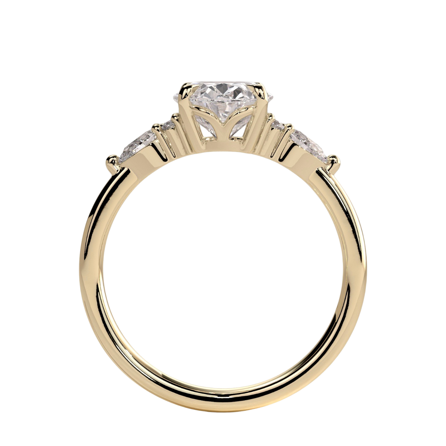 Luxury oval claw solitaire engagement ring featuring a brilliant oval-cut center stone with elegant pear-shaped accent diamonds and sparkling round shoulder stones. Crafted with timeless detail and refined brilliance, available in white gold, yellow gold, rose gold, platinum, lab-grown diamond, or moissanite options.