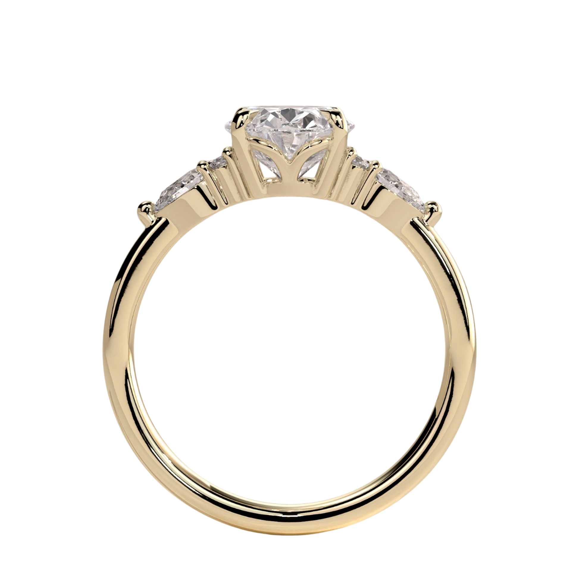 Luxury oval claw solitaire engagement ring featuring a brilliant oval-cut center stone with elegant pear-shaped accent diamonds and sparkling round shoulder stones. Crafted with timeless detail and refined brilliance, available in white gold, yellow gold, rose gold, platinum, lab-grown diamond, or moissanite options.