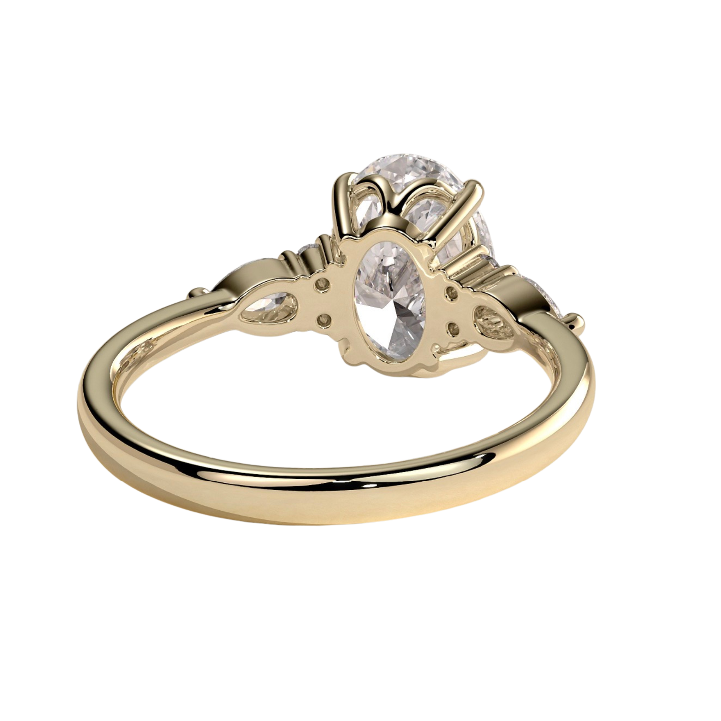 Luxury oval claw solitaire engagement ring featuring a brilliant oval-cut center stone with elegant pear-shaped accent diamonds and sparkling round shoulder stones. Crafted with timeless detail and refined brilliance, available in white gold, yellow gold, rose gold, platinum, lab-grown diamond, or moissanite options.