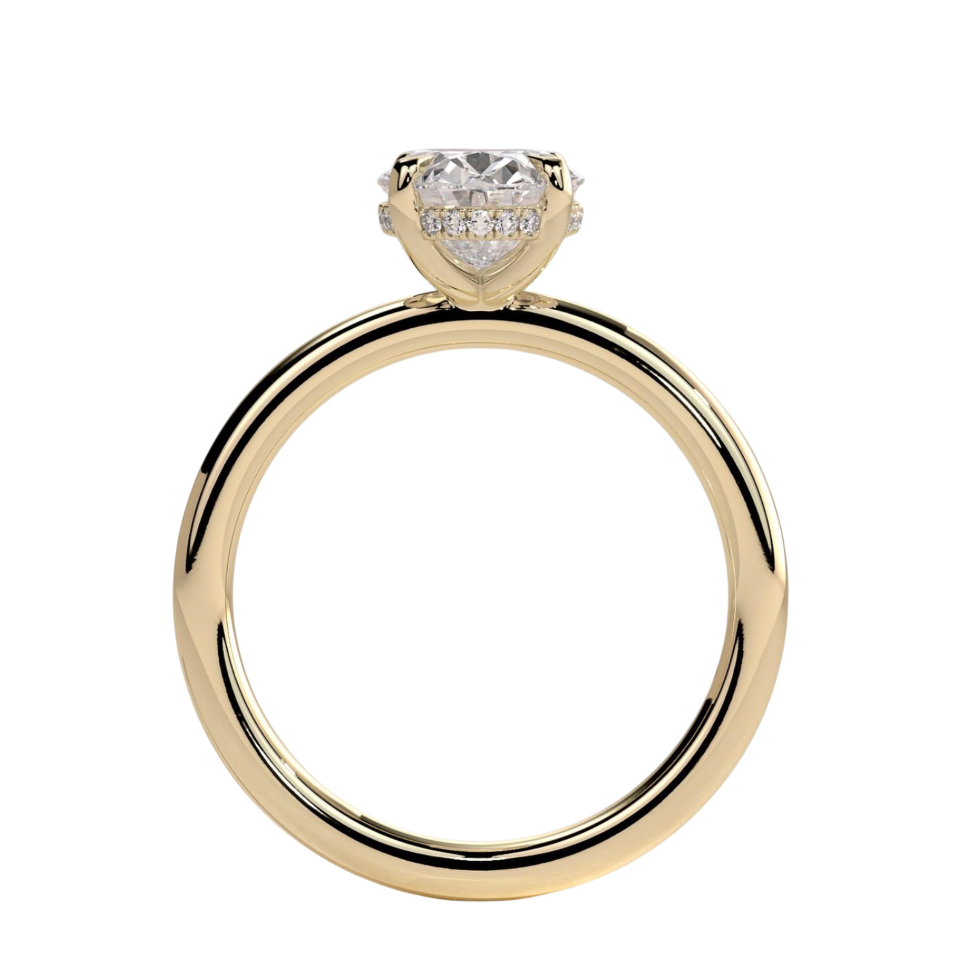 Luxury oval claw solitaire engagement ring featuring a brilliant oval-cut center stone with a sparkling hidden halo and elegant cathedral high setting. Crafted with timeless detail and elevated design, available in white gold, yellow gold, rose gold, platinum, lab-grown diamond, or moissanite options.