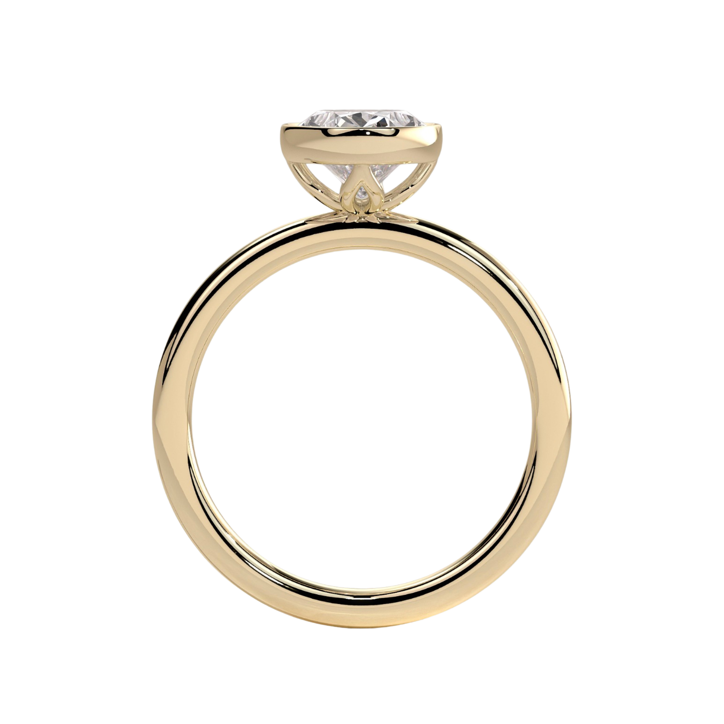 Luxury oval bezel solitaire engagement ring featuring a brilliant oval-cut center stone in a sleek bezel setting, complemented by an elegant petal gallery beneath the stone. Nature-inspired design with timeless sophistication and lasting durability, available in white gold, yellow gold, rose gold, platinum, lab-grown diamond, or moissanite options.