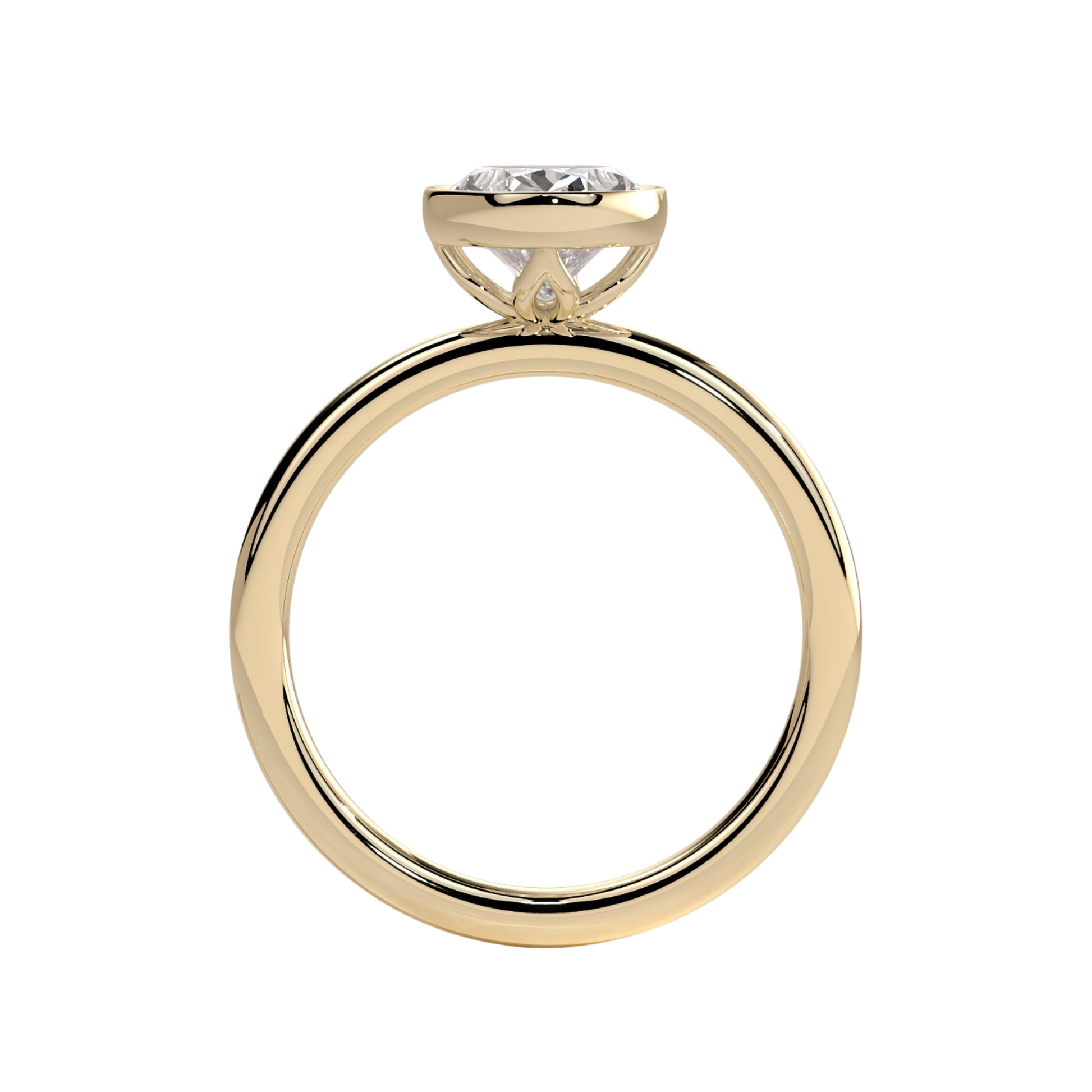 Luxury oval bezel solitaire engagement ring featuring a brilliant oval-cut center stone in a sleek bezel setting, complemented by an elegant petal gallery beneath the stone. Nature-inspired design with timeless sophistication and lasting durability, available in white gold, yellow gold, rose gold, platinum, lab-grown diamond, or moissanite options.