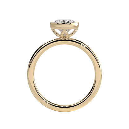 Luxury oval bezel solitaire engagement ring featuring a brilliant oval-cut center stone in a sleek bezel setting, complemented by an elegant petal gallery beneath the stone. Nature-inspired design with timeless sophistication and lasting durability, available in white gold, yellow gold, rose gold, platinum, lab-grown diamond, or moissanite options.