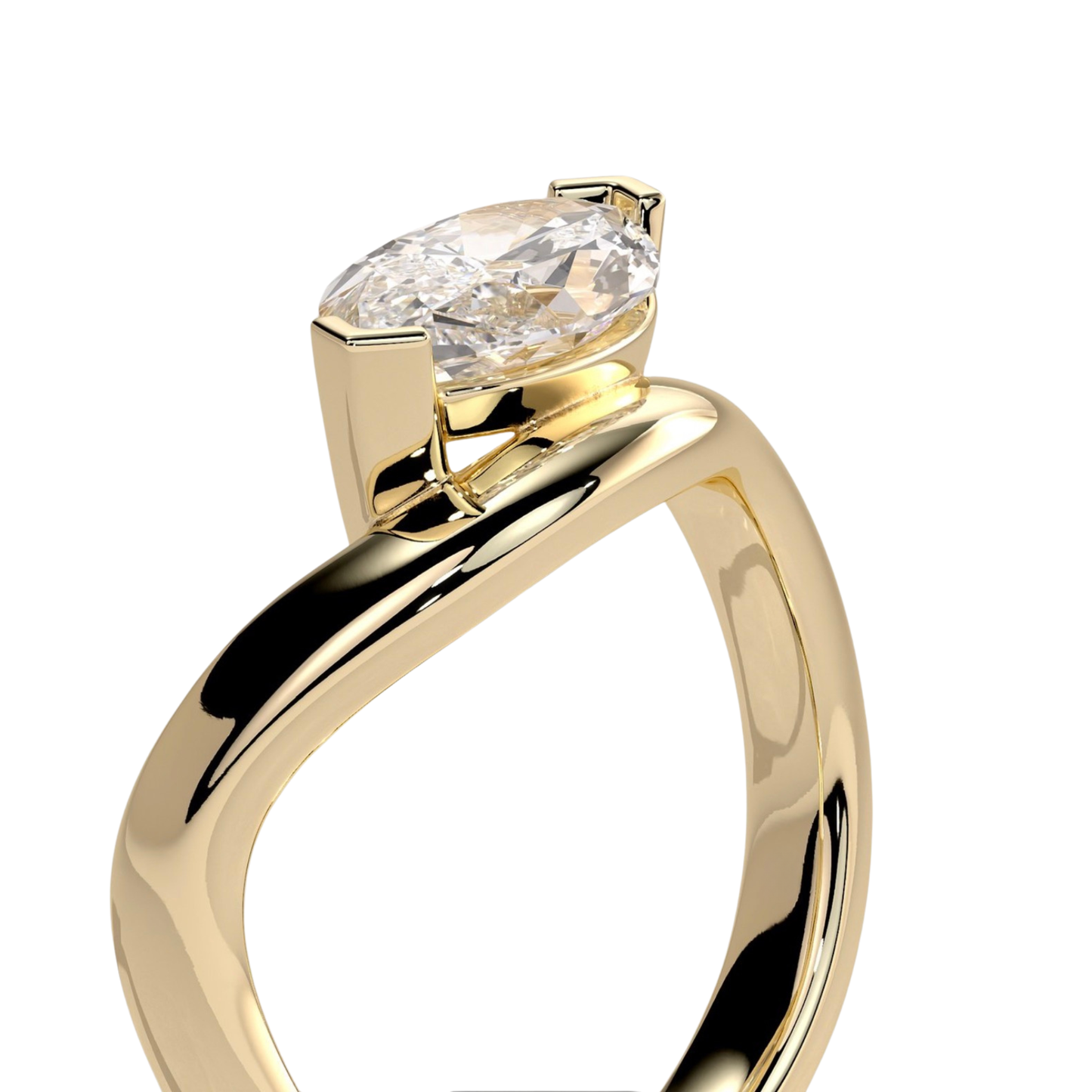 Luxury marquise east west claw solitaire engagement ring featuring a brilliant horizontally set marquise-cut center stone secured in a refined claw setting with an elegant wave band design. Contemporary sculpted silhouette crafted for timeless sophistication and everyday brilliance, available in white gold, yellow gold, rose gold, platinum, lab-grown diamond, or moissanite options.