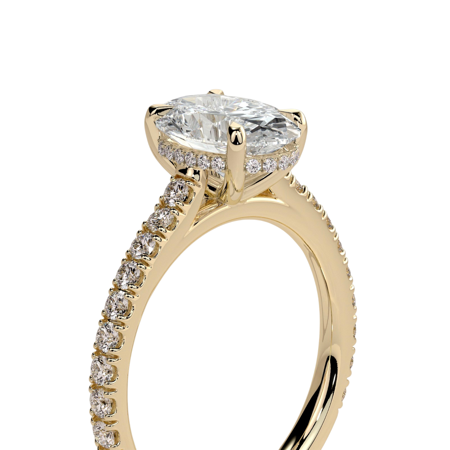 Luxury oval claw solitaire engagement ring featuring a brilliant oval-cut center stone with a sparkling hidden halo, pavé diamond band, and elegant cathedral high setting. Timeless elevated design crafted for exceptional brilliance and sophistication, available in white gold, yellow gold, rose gold, platinum, lab-grown diamond, or moissanite options.