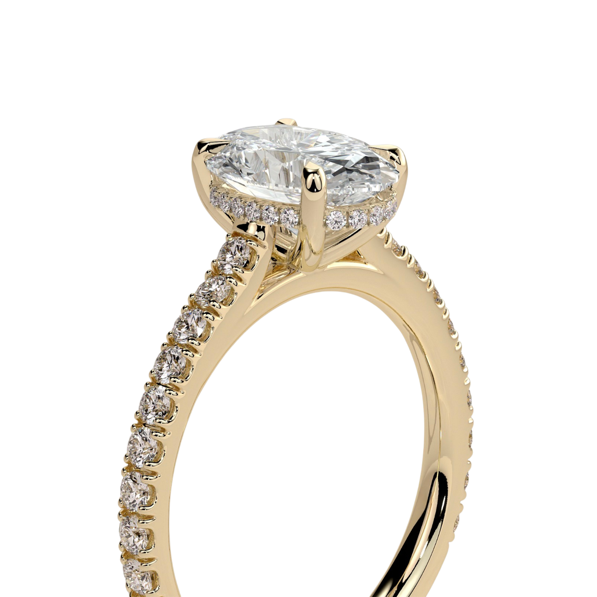 Luxury oval claw solitaire engagement ring featuring a brilliant oval-cut center stone with a sparkling hidden halo, pavé diamond band, and elegant cathedral high setting. Timeless elevated design crafted for exceptional brilliance and sophistication, available in white gold, yellow gold, rose gold, platinum, lab-grown diamond, or moissanite options.