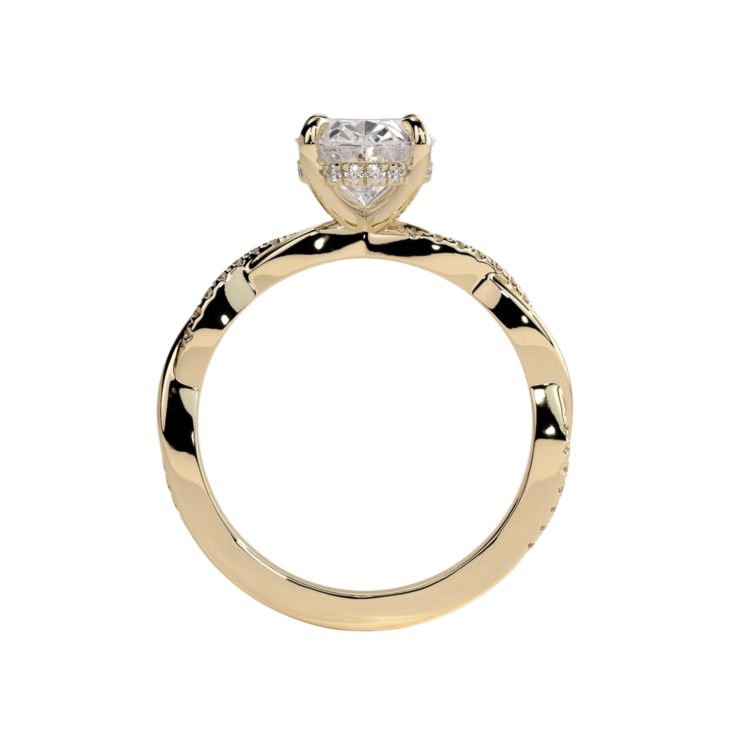 Luxury oval claw solitaire engagement ring featuring a brilliant oval-cut center stone with a sparkling hidden halo and twisted alternating pavé diamond band. Elegant modern design crafted for exceptional brilliance and timeless sophistication, available in white gold, yellow gold, rose gold, platinum, lab-grown diamond, or moissanite options.