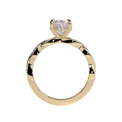 Luxury oval claw solitaire engagement ring featuring a brilliant oval-cut center stone with a sparkling hidden halo and twisted alternating pavé diamond band. Elegant modern design crafted for exceptional brilliance and timeless sophistication, available in white gold, yellow gold, rose gold, platinum, lab-grown diamond, or moissanite options.