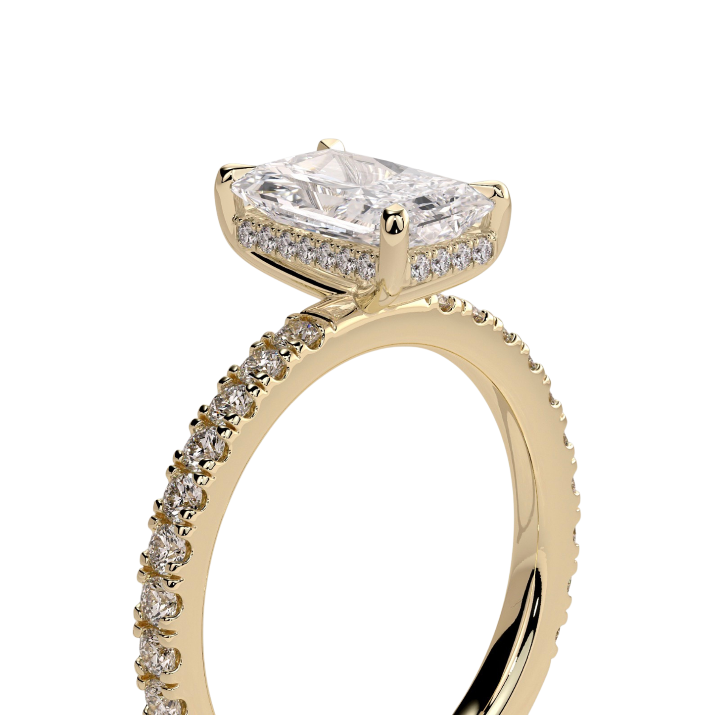 Luxury radiant claw solitaire engagement ring featuring a brilliant radiant-cut center stone secured in a refined claw setting with a sparkling hidden halo and pavé diamond band. Elegant timeless design crafted for exceptional brilliance, sophistication, and lasting beauty, available in white gold, yellow gold, rose gold, platinum, lab-grown diamond, or moissanite options.