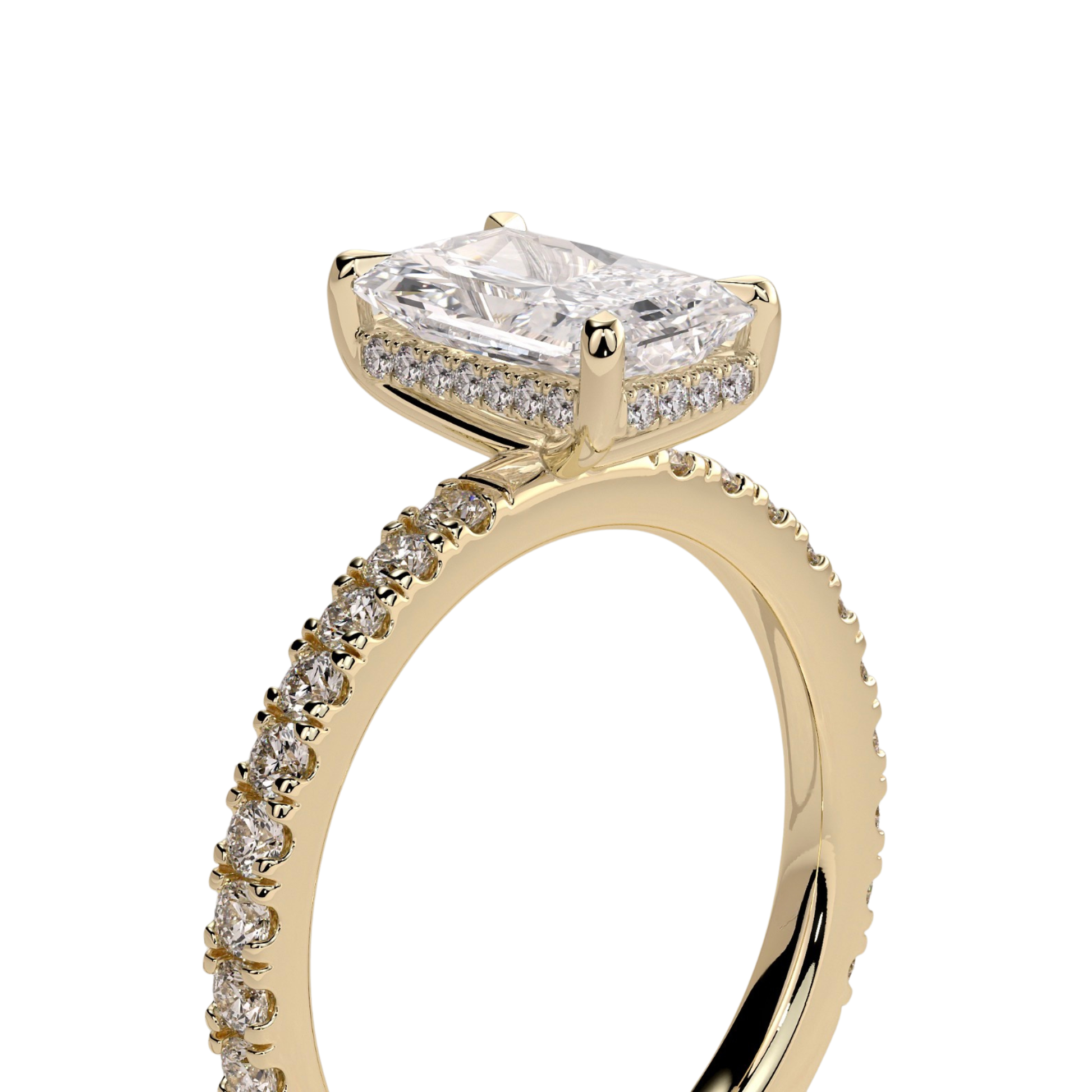 Luxury radiant claw solitaire engagement ring featuring a brilliant radiant-cut center stone secured in a refined claw setting with a sparkling hidden halo and pavé diamond band. Elegant timeless design crafted for exceptional brilliance, sophistication, and lasting beauty, available in white gold, yellow gold, rose gold, platinum, lab-grown diamond, or moissanite options.