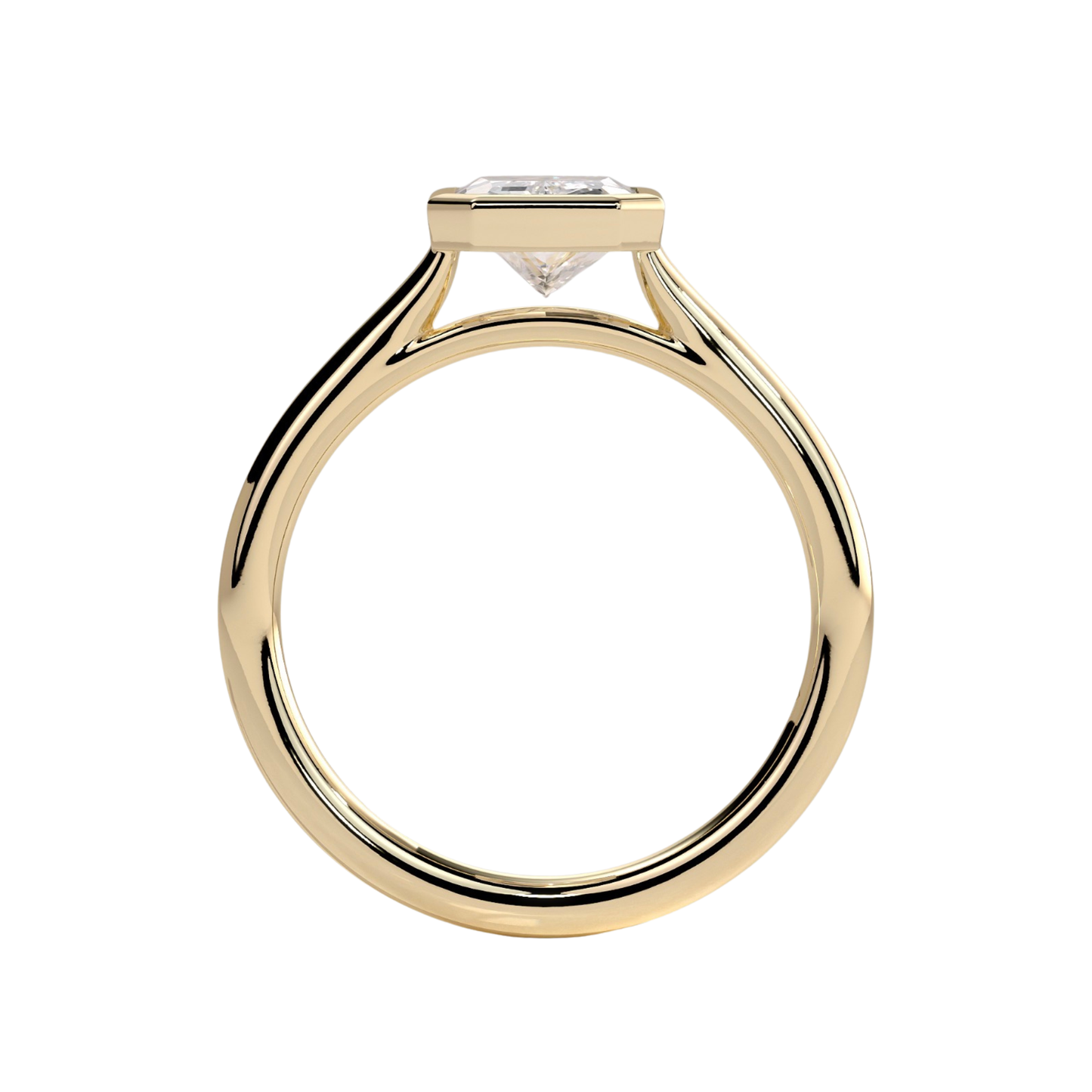 Luxury custom radiant bezel solitaire engagement ring featuring a brilliant radiant-cut center stone in a sleek bezel setting with an elegant open cathedral high profile. Modern timeless architectural design crafted for maximum brilliance, sophistication, and durability, available in custom carat weights and white gold, yellow gold, rose gold, platinum, lab-grown diamond, or moissanite options.