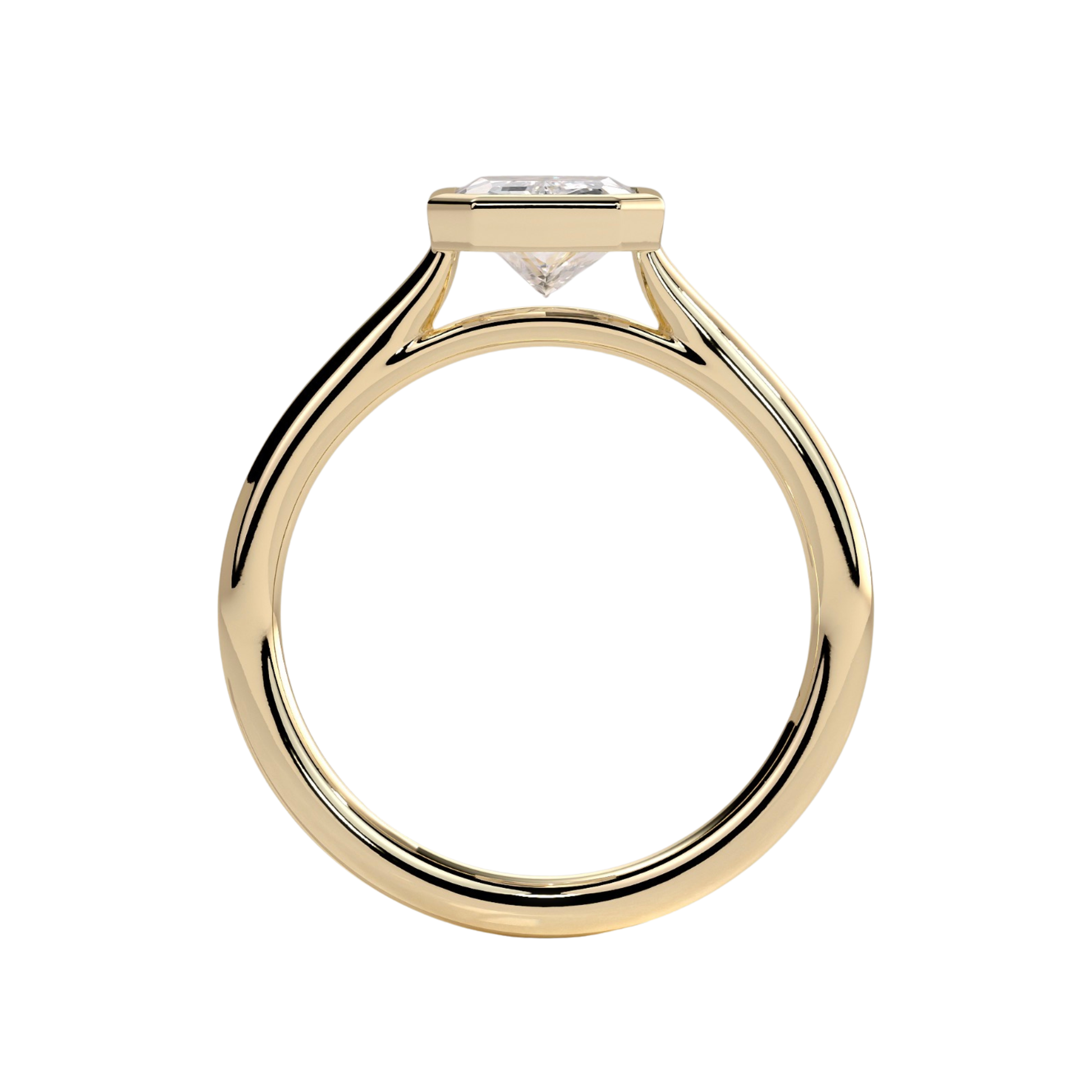 Luxury custom radiant bezel solitaire engagement ring featuring a brilliant radiant-cut center stone in a sleek bezel setting with an elegant open cathedral high profile. Modern timeless architectural design crafted for maximum brilliance, sophistication, and durability, available in custom carat weights and white gold, yellow gold, rose gold, platinum, lab-grown diamond, or moissanite options.