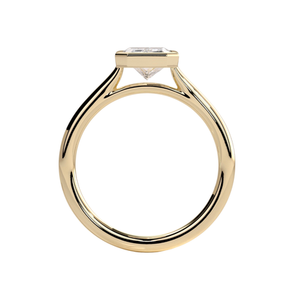 Luxury custom radiant bezel solitaire engagement ring featuring a brilliant radiant-cut center stone in a sleek bezel setting with an elegant open cathedral high profile. Modern timeless architectural design crafted for maximum brilliance, sophistication, and durability, available in custom carat weights and white gold, yellow gold, rose gold, platinum, lab-grown diamond, or moissanite options.